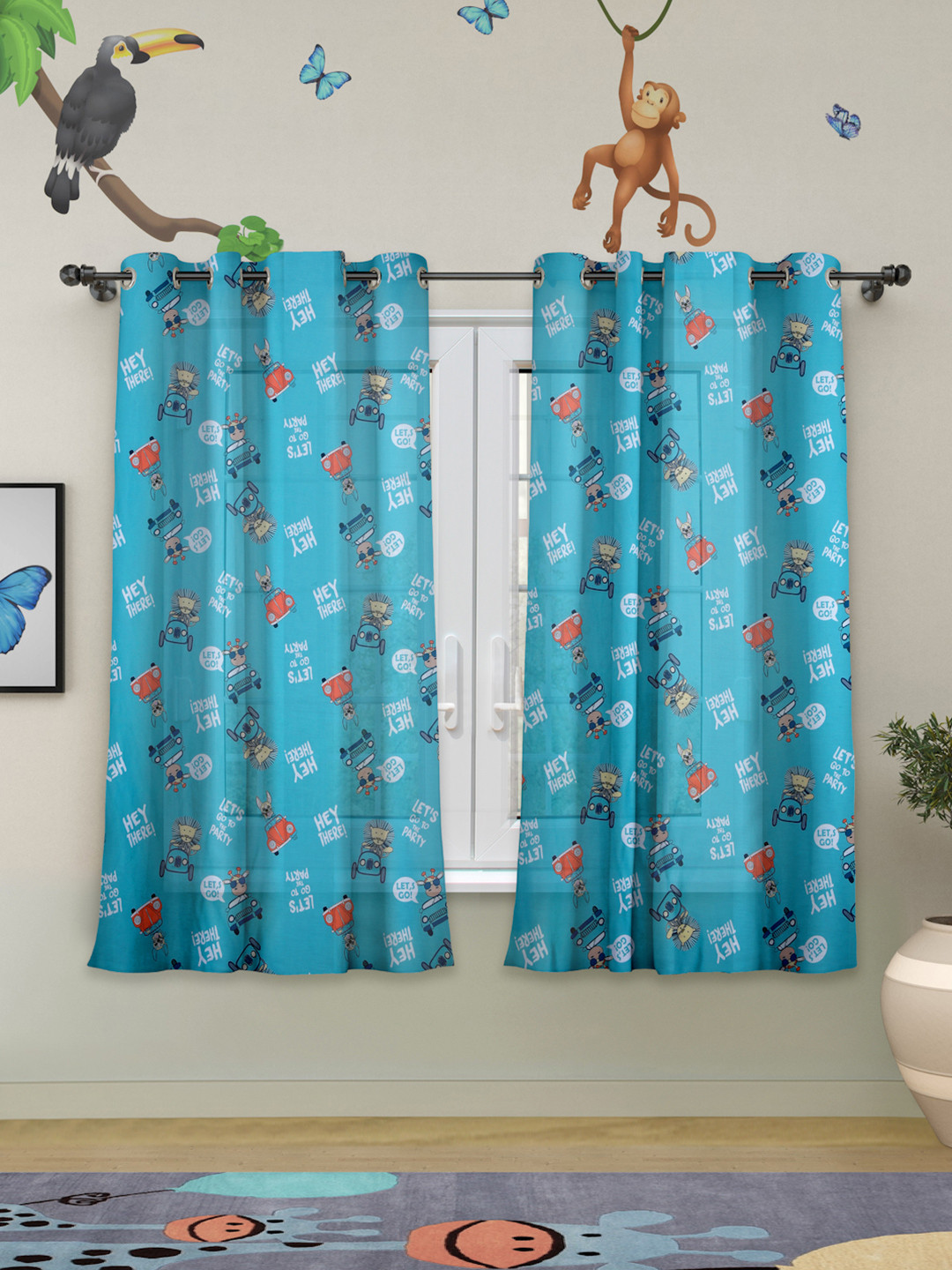 ROSARA HOME Blue Set of 2 Quirky Sheer Window Curtains