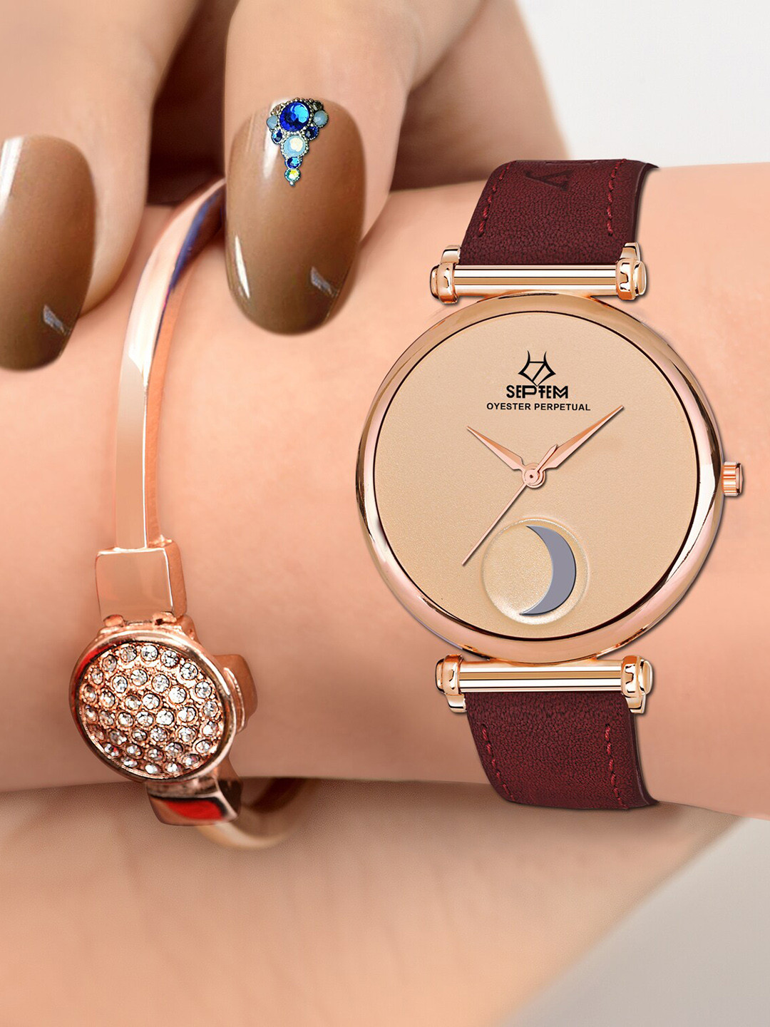 Septem Women Rose Gold-Toned Printed Dial & Red Leather Bracelet Style Straps Analogue Chronograph Watch