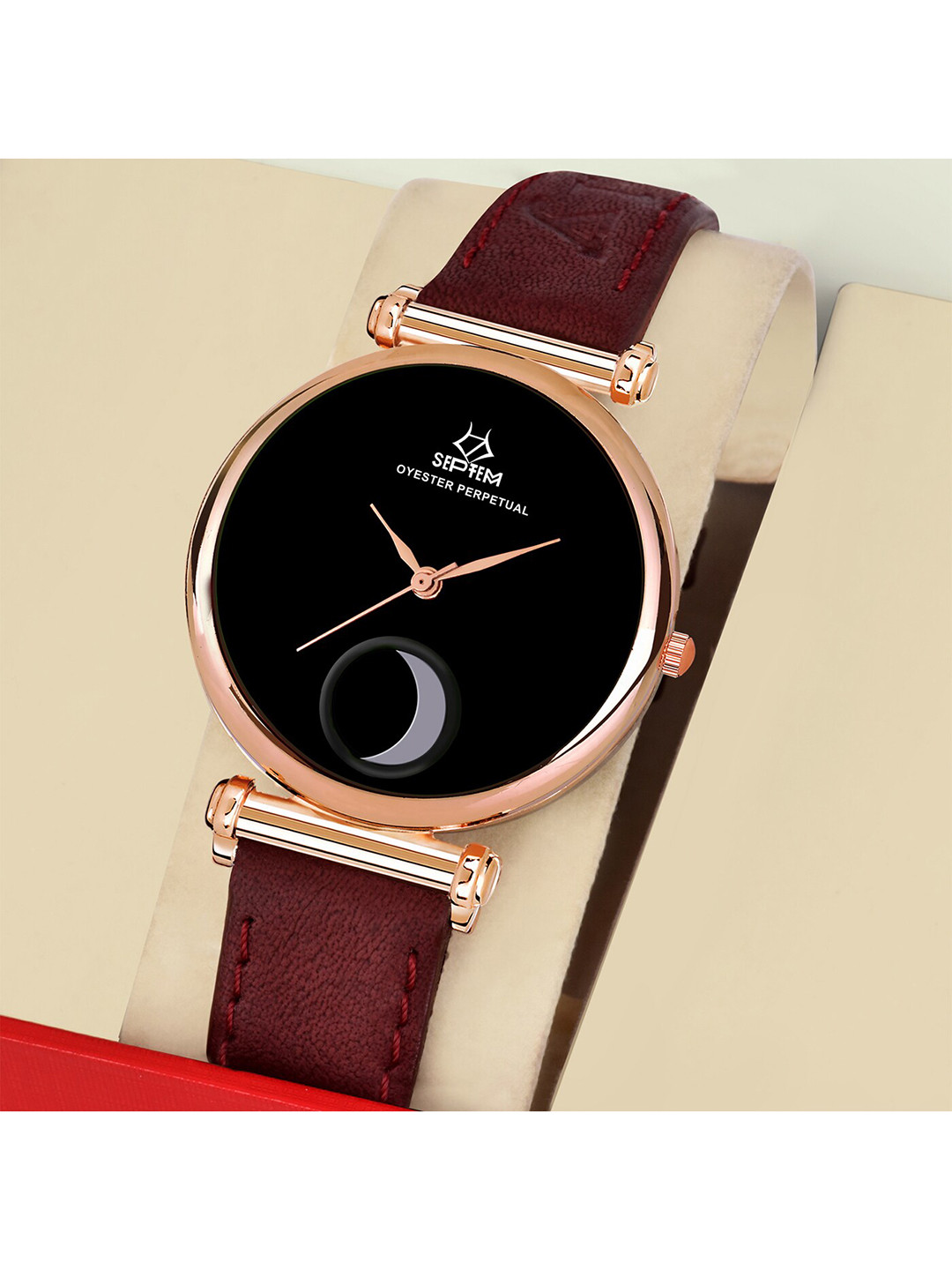 Septem Women Black Embellished Dial & Red Leather Bracelet Style Straps Analogue Chronograph Watch