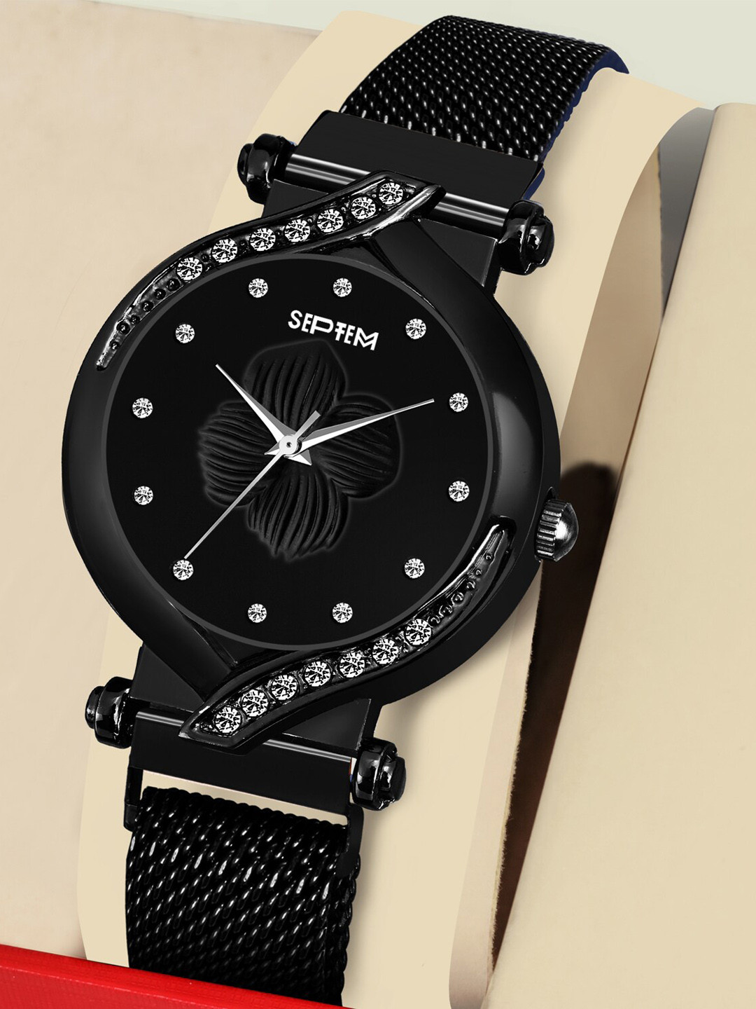 Septem Women Black Embellished Dial & Black Stainless Steel Bracelet Style Straps Analogue Watch