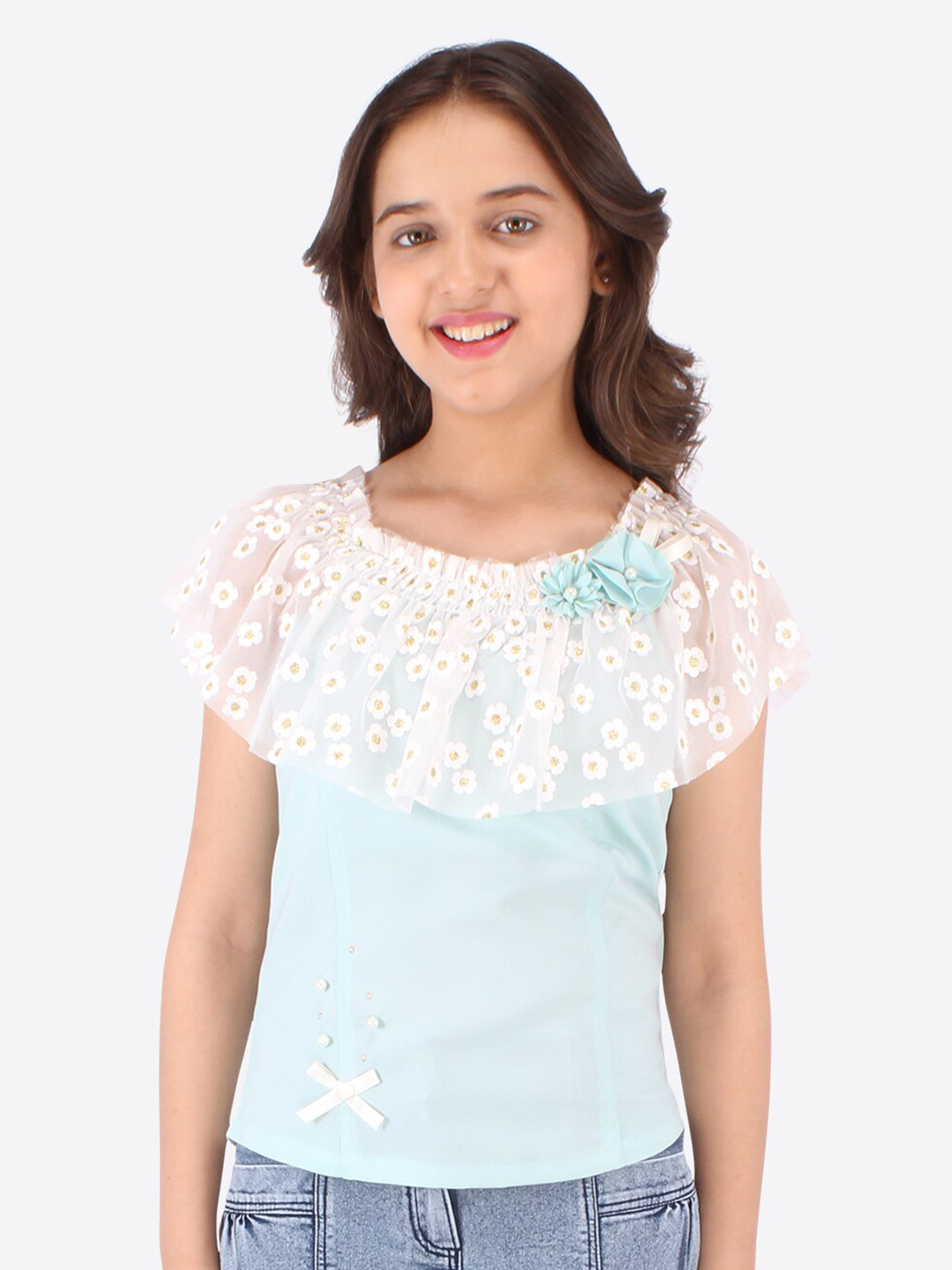 CUTECUMBER Green & light cyan Print Applique Georgette Top