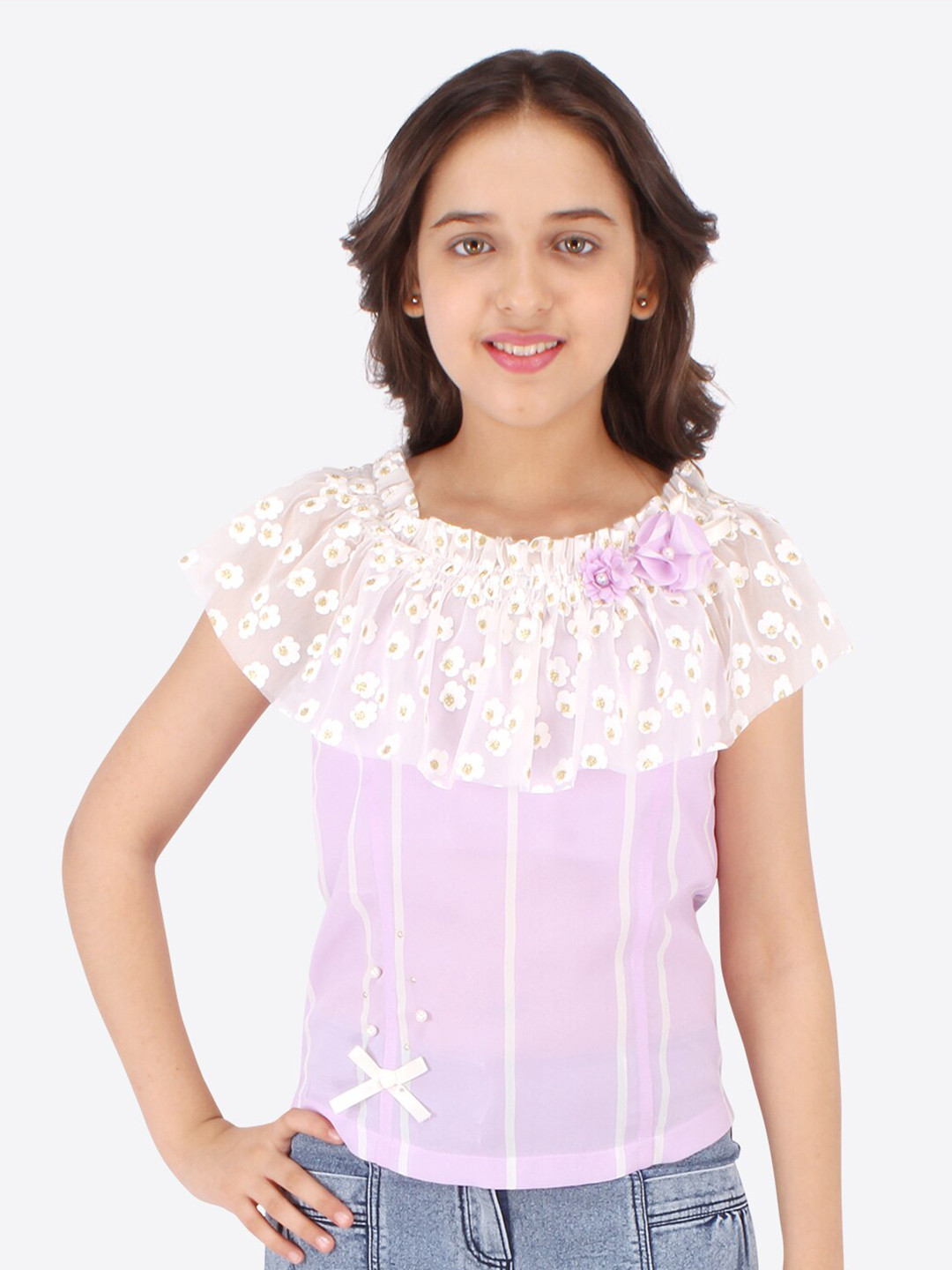 CUTECUMBER Purple & blushing bride Print Applique Georgette Top