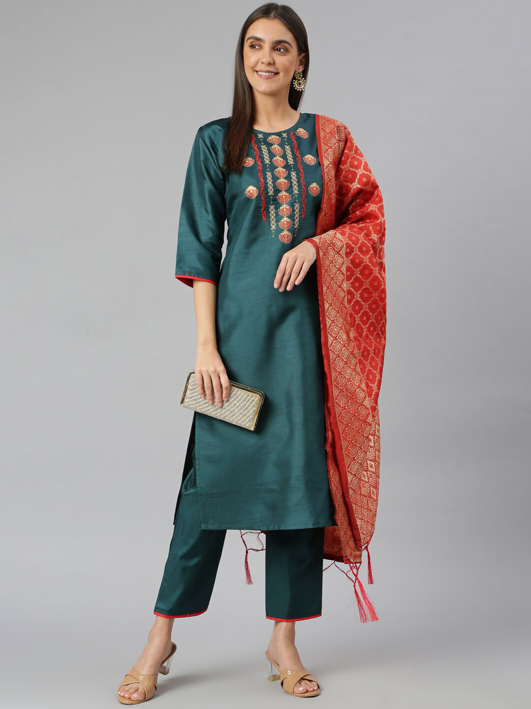 Lilots Women Teal Layered Thread Work Kurti with Trousers & With Dupatta
