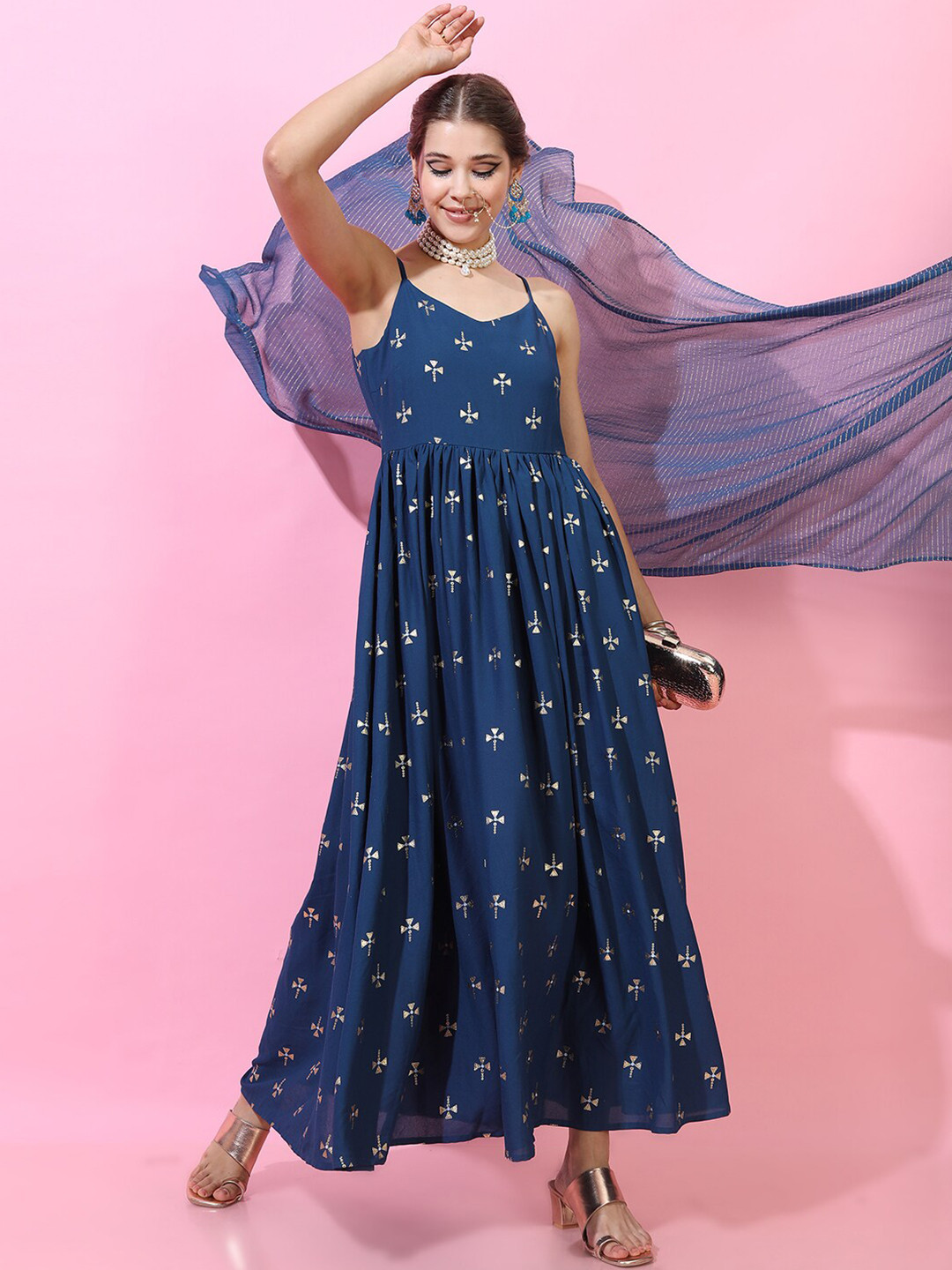 Vishudh Teal Printed Strappy Gathered Maxi Dress With Dupatta