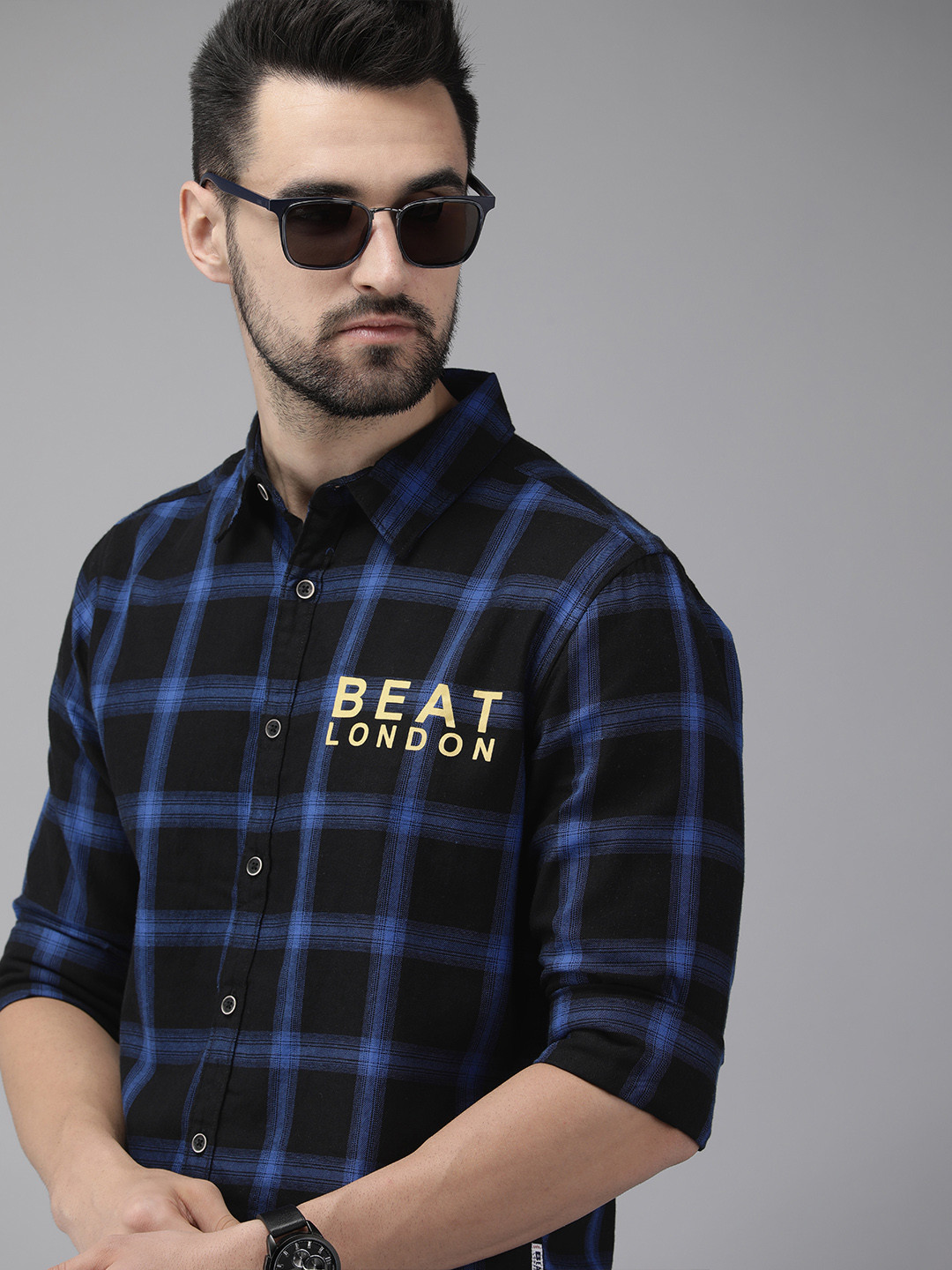BEAT LONDON by PEPE JEANS Men Black & Blue Slim Fit Tartan Checked Cotton Casual Shirt