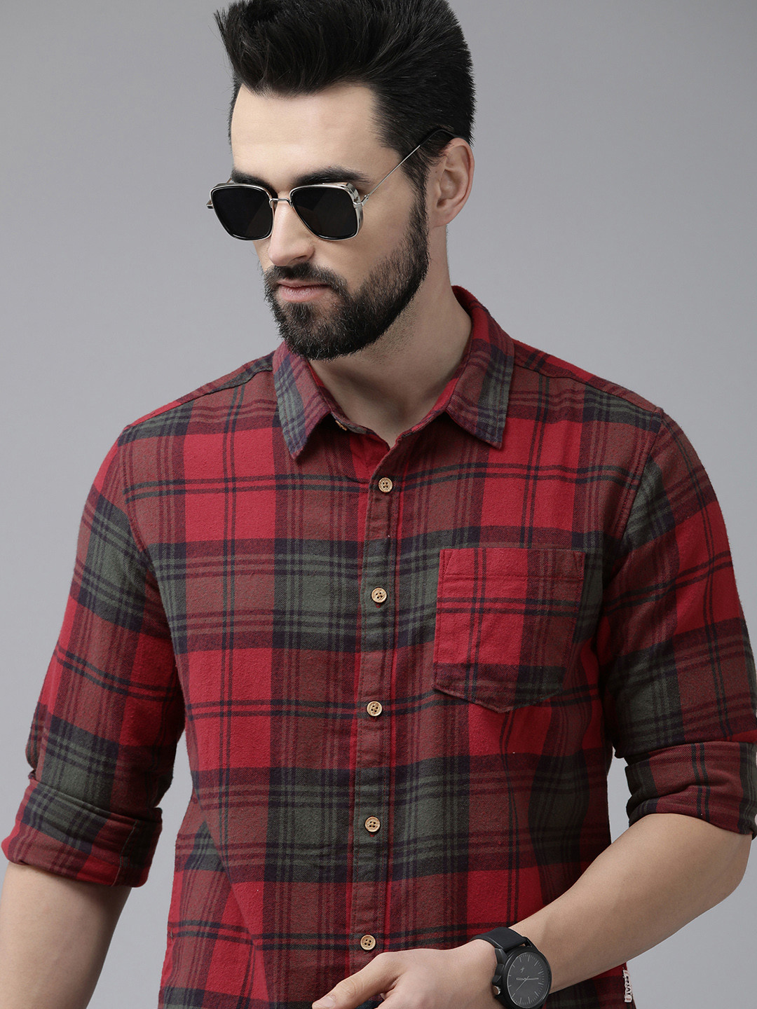BEAT LONDON by PEPE JEANS Men Red Slim Fit Tartan Checks Opaque Pure Cotton Casual Shirt