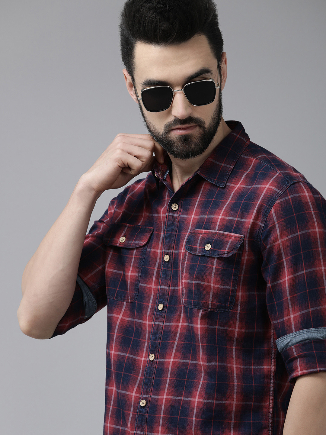 BEAT LONDON by PEPE JEANS Men Red Slim Fit Tartan Checks Opaque Pure Cotton Casual Shirt