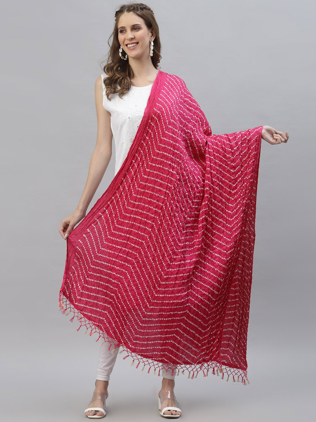 Stylum Pink & White Printed Bandhani Dupatta