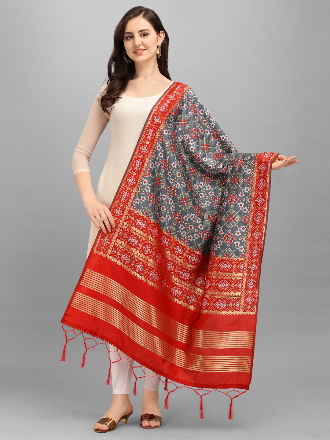 KALINI Grey & Red Ethnic Motifs Woven Design Dupatta with Zari
