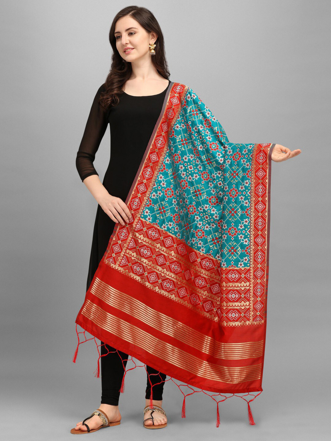 KALINI Teal & Red Ethnic Motifs Woven Design Dupatta with Zari