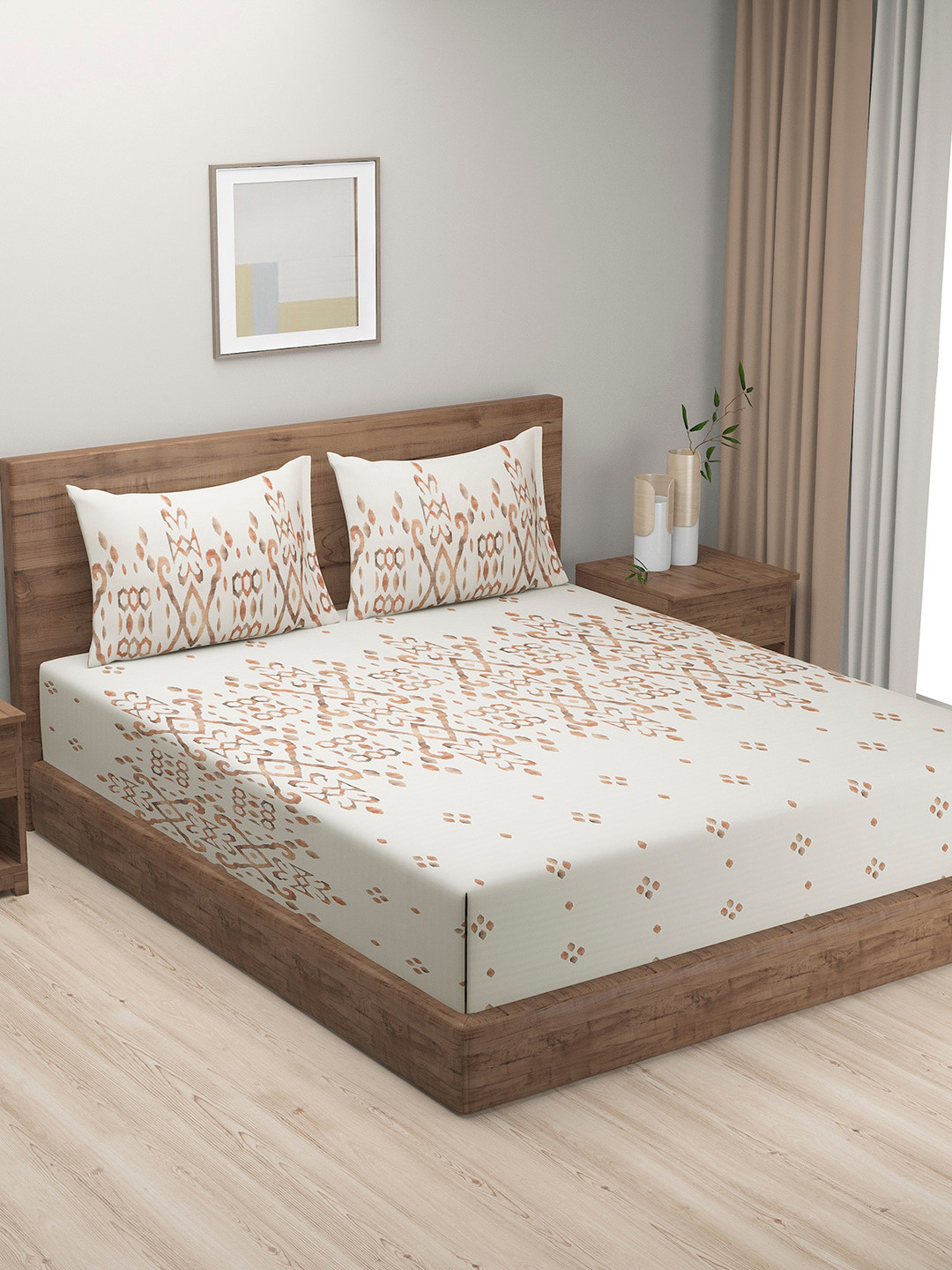 SWAYAM Velar Fur Sib White Ethnic Motifs Pure Cotton 240 TC Queen Fine Bedsheet with 2 Pillow Covers-228 x 274 cm