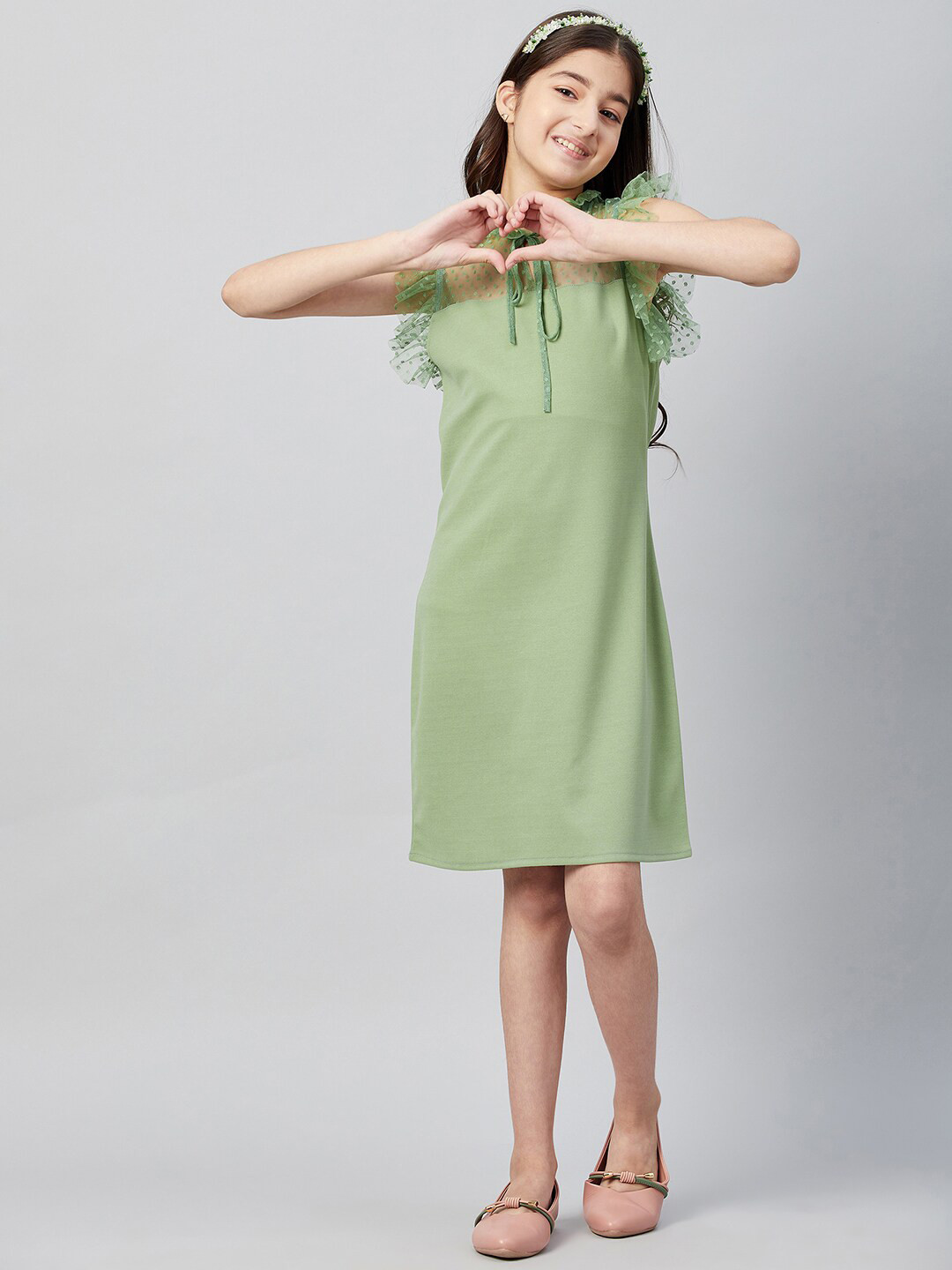 Athena Girl Green Off-Shoulder A-Line Dress