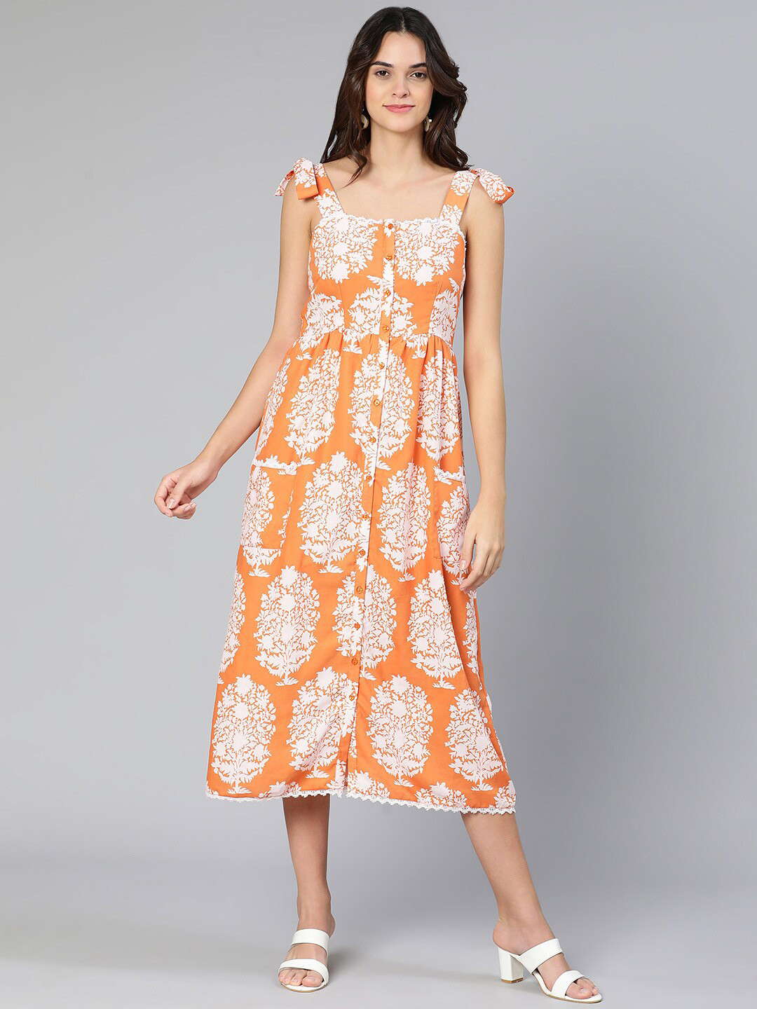 Oxolloxo Orange Floral Crepe A-Line Midi Dress