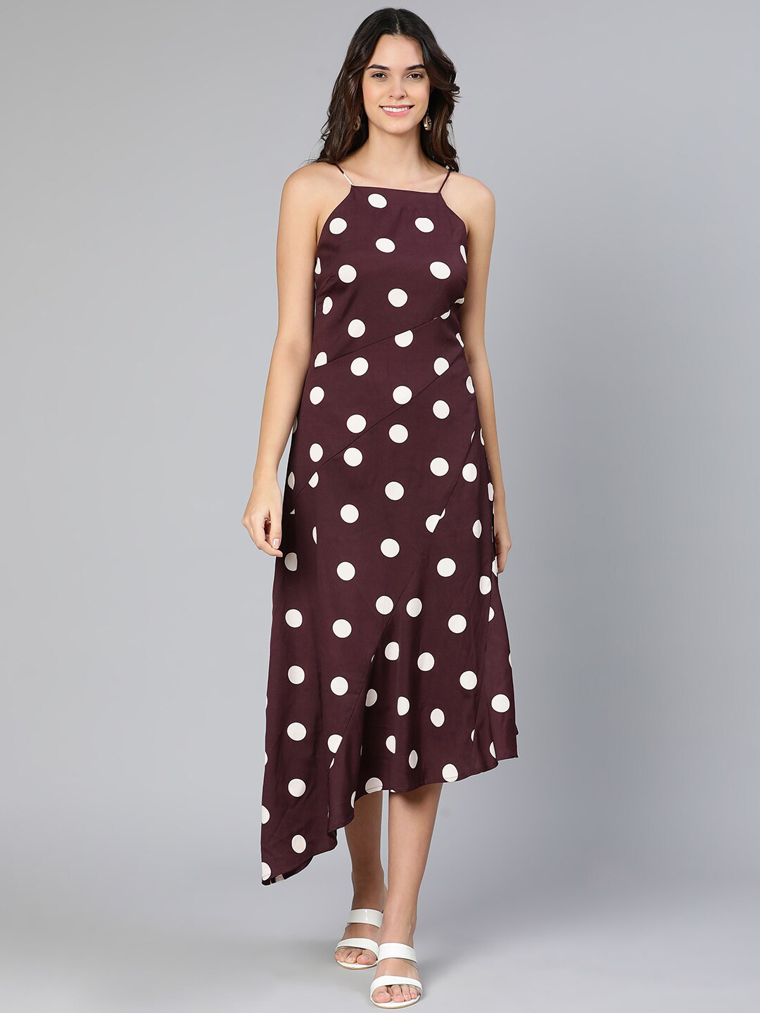 Oxolloxo Maroon Satin A-Line Midi Dress