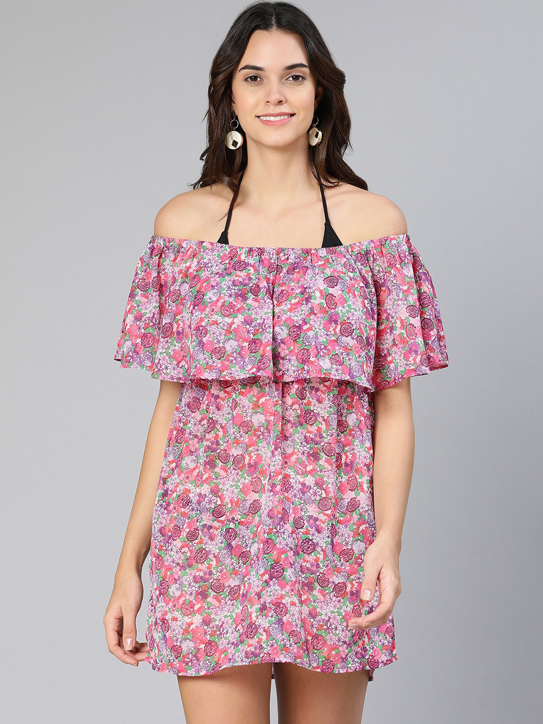 Oxolloxo Women Pink & Green Floral Printed Cover-Up Dress