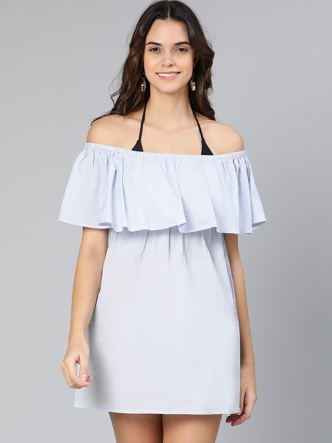 Oxolloxo Women Blue Solid Off-Shoulder Beachwear Dress