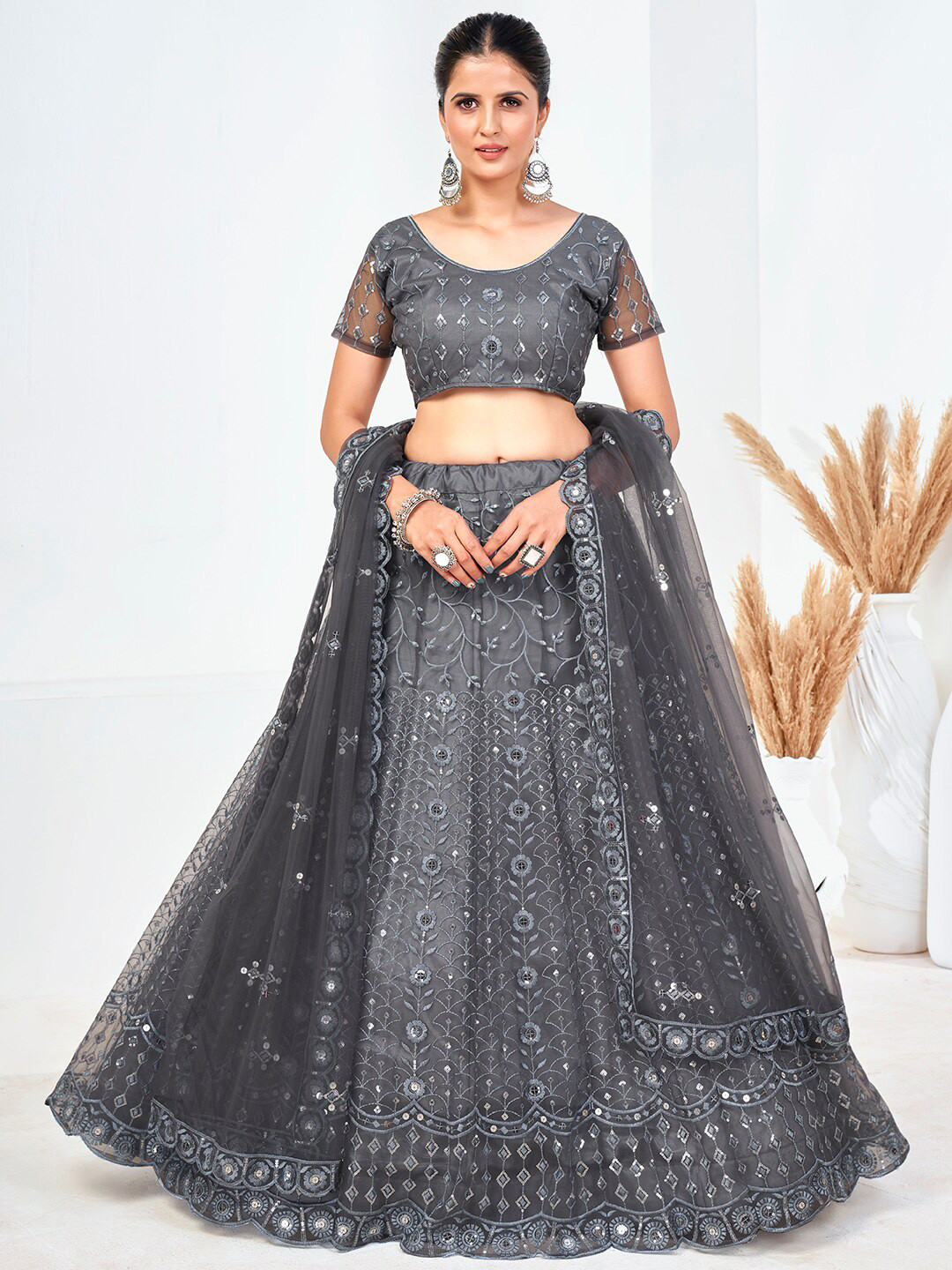 SHOPGARB Grey & Silver-Toned Embellished Sequinned Semi-Stitched Lehenga & Unstitched Blouse With Dupatta