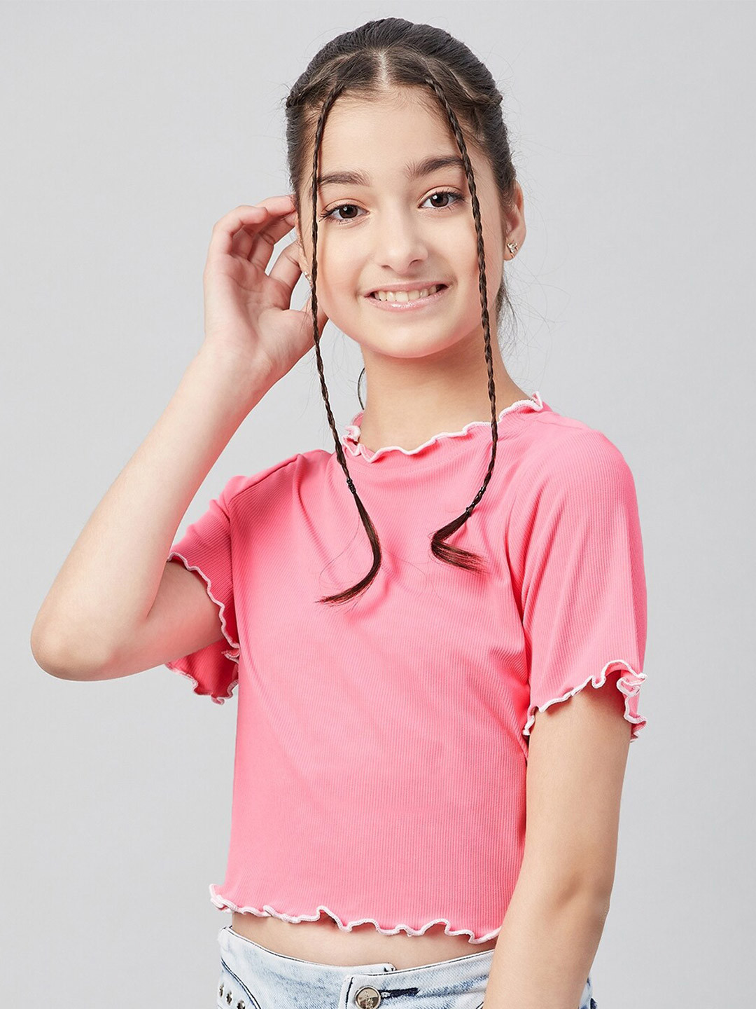 Athena Girl Pink Self Design Crop Top