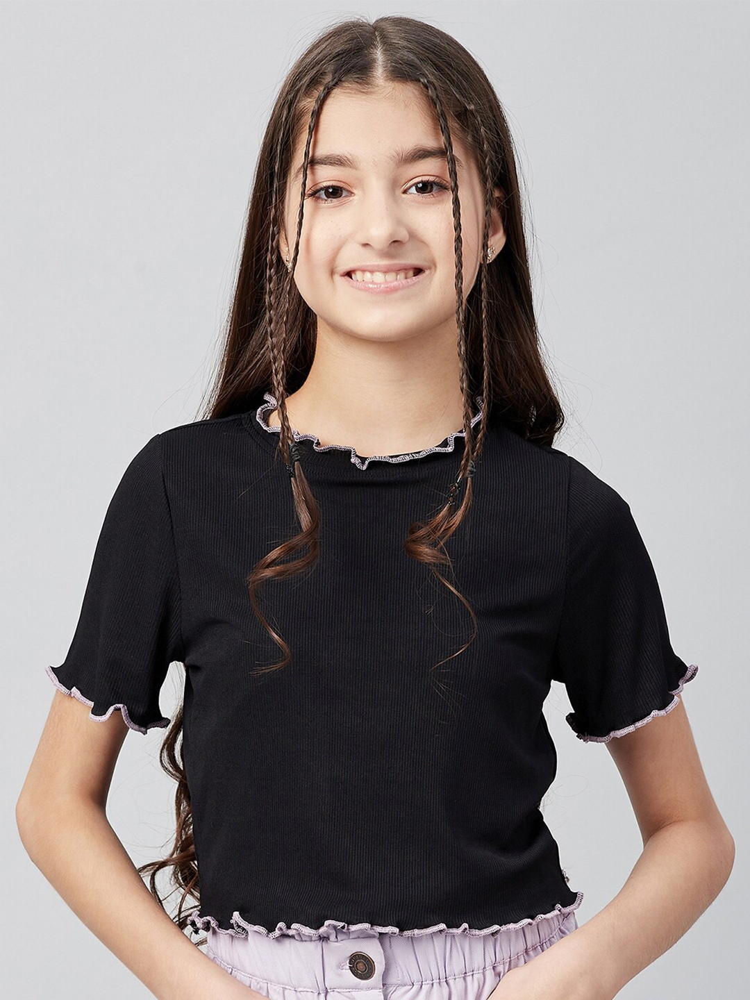 Athena Girl Black Self Design Stripped Top
