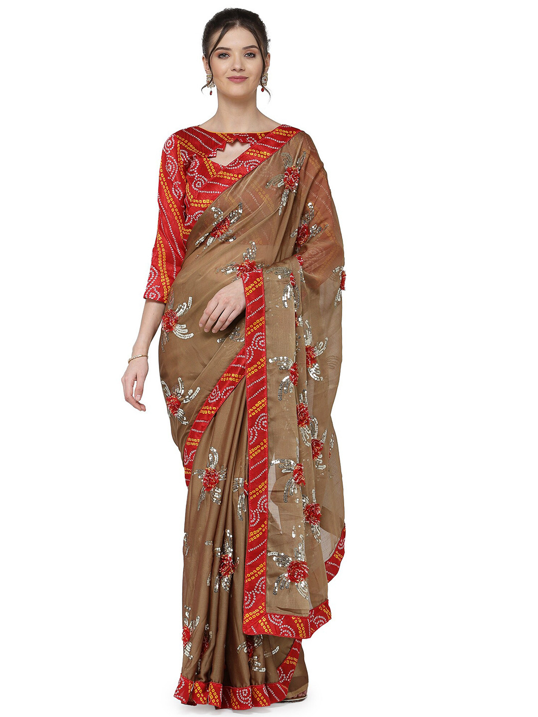 KALINI Beige & Rust Floral Sequinned  Bandhani Saree