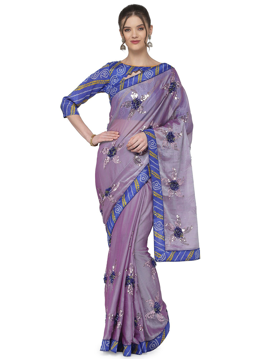 KALINI Blue & Purple Floral Sequinned  Bandhani Saree
