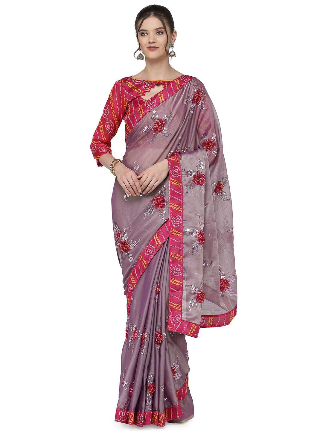 KALINI Pink & Purple Floral Sequinned Bandhani Saree