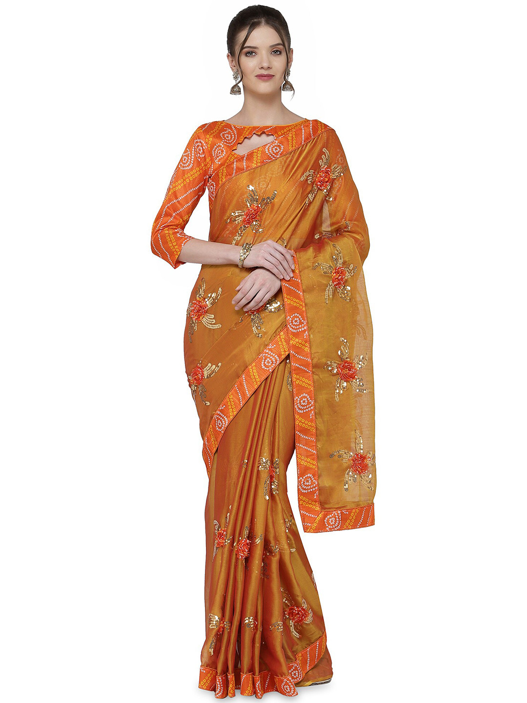 KALINI Gold-Toned & Orange Floral Sequinned  Bandhani Saree