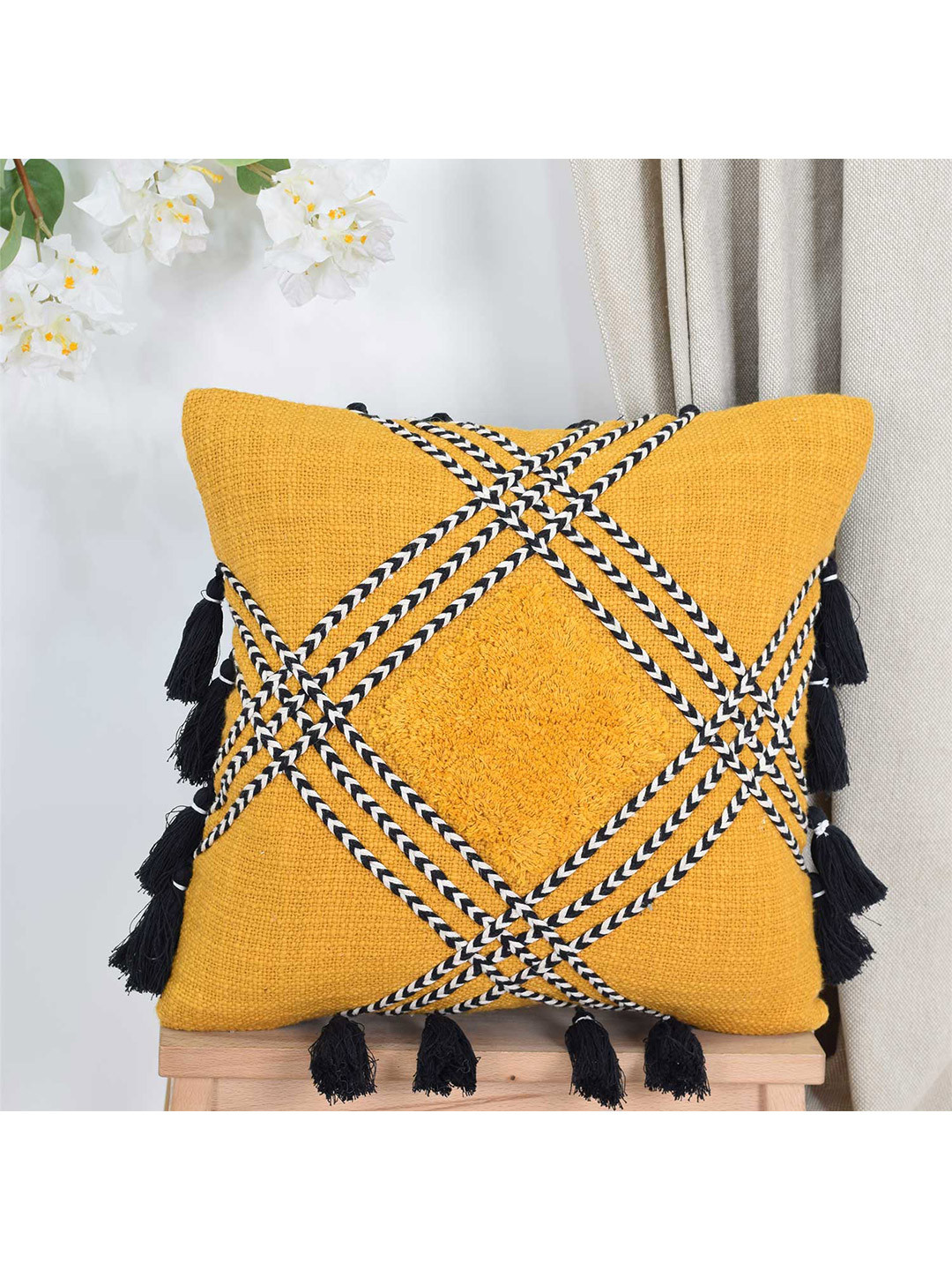 BLANC9 Embroidery Yellow Geometric Cotton Lightweight Embroidered Cushion Cover -16x16In