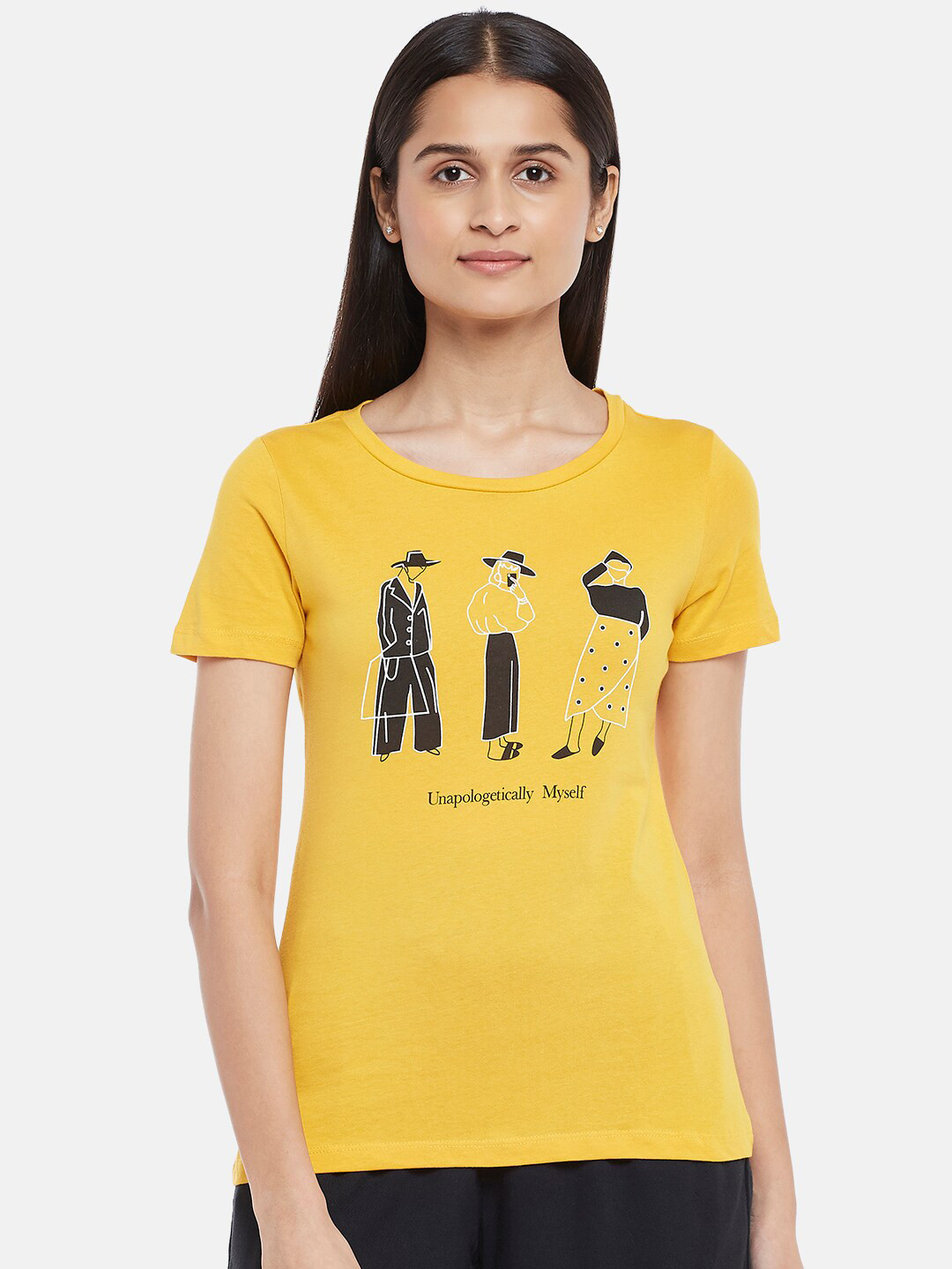 Honey by Pantaloons Women Mustard Yellow & primrose yellow Printed T-shirt