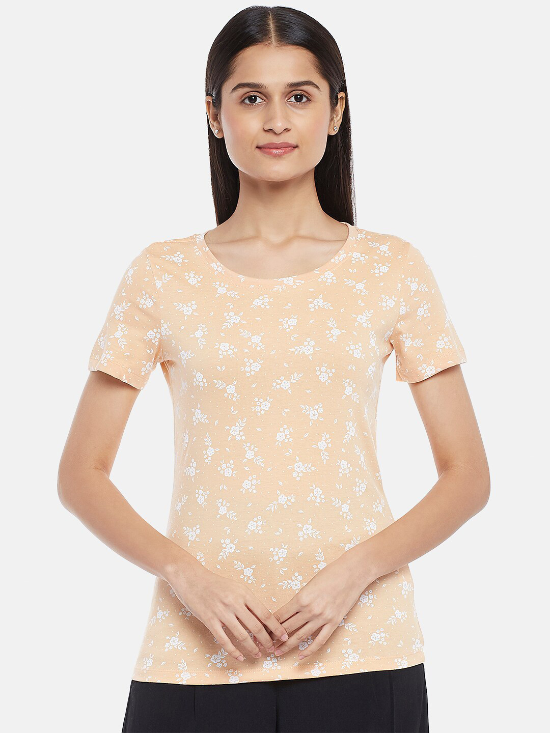 Honey by Pantaloons Women Peach-Coloured Floral Printed V-Neck Tropical T-shirt