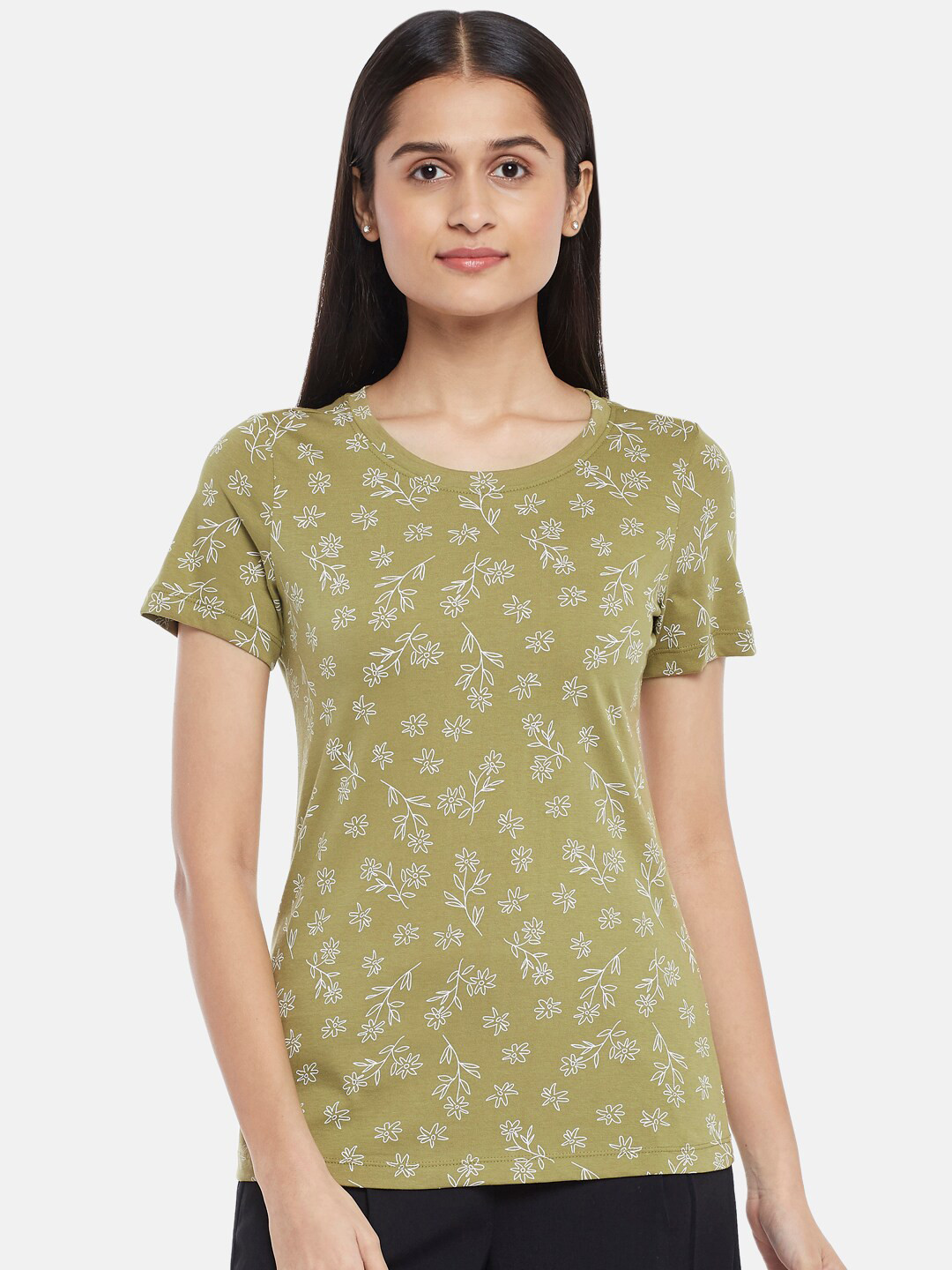 Honey by Pantaloons Women Olive Green & gray green Floral Printed T-shirt