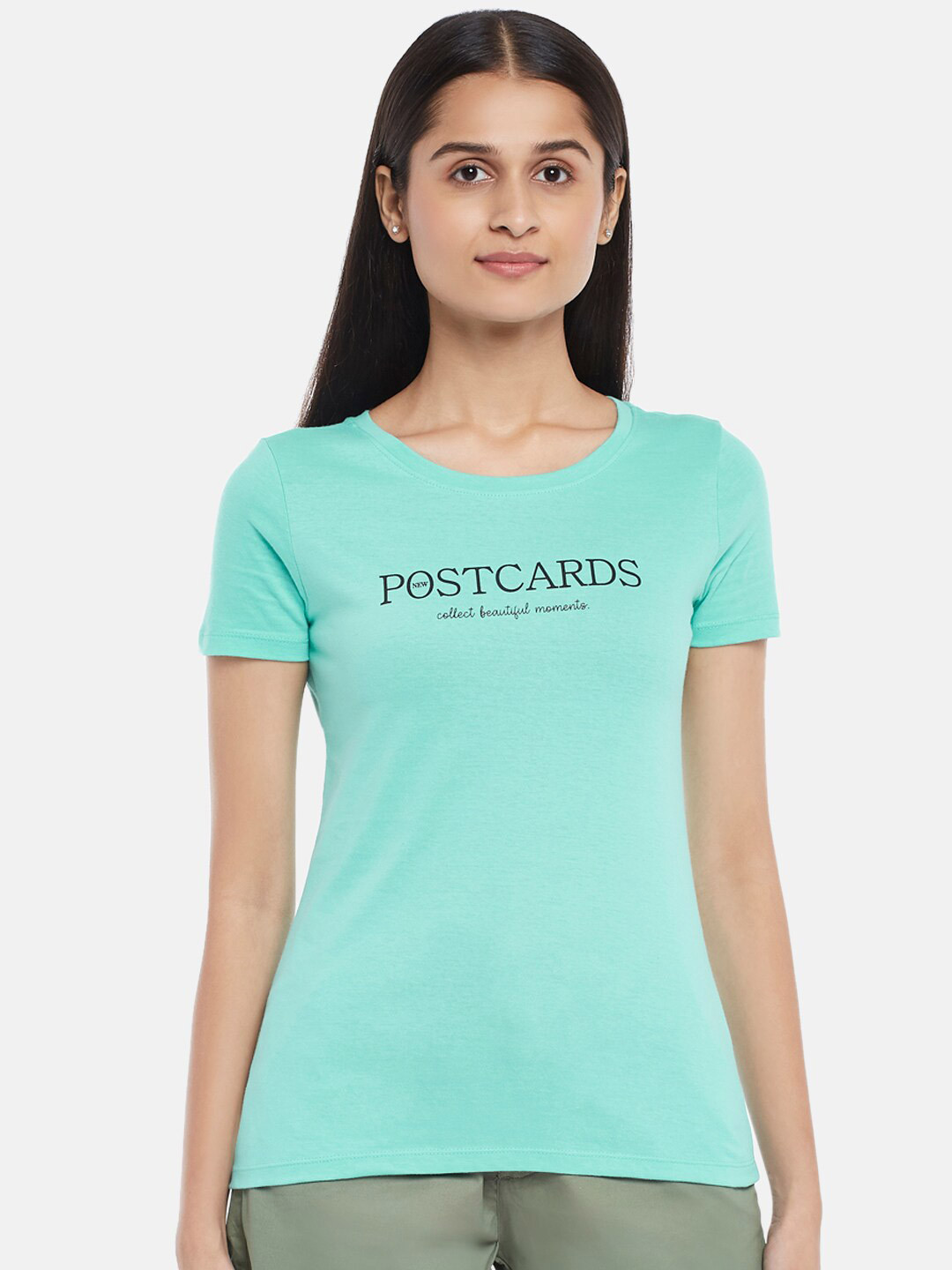 Honey by Pantaloons Women Green & blue light Typography Printed T-shirt