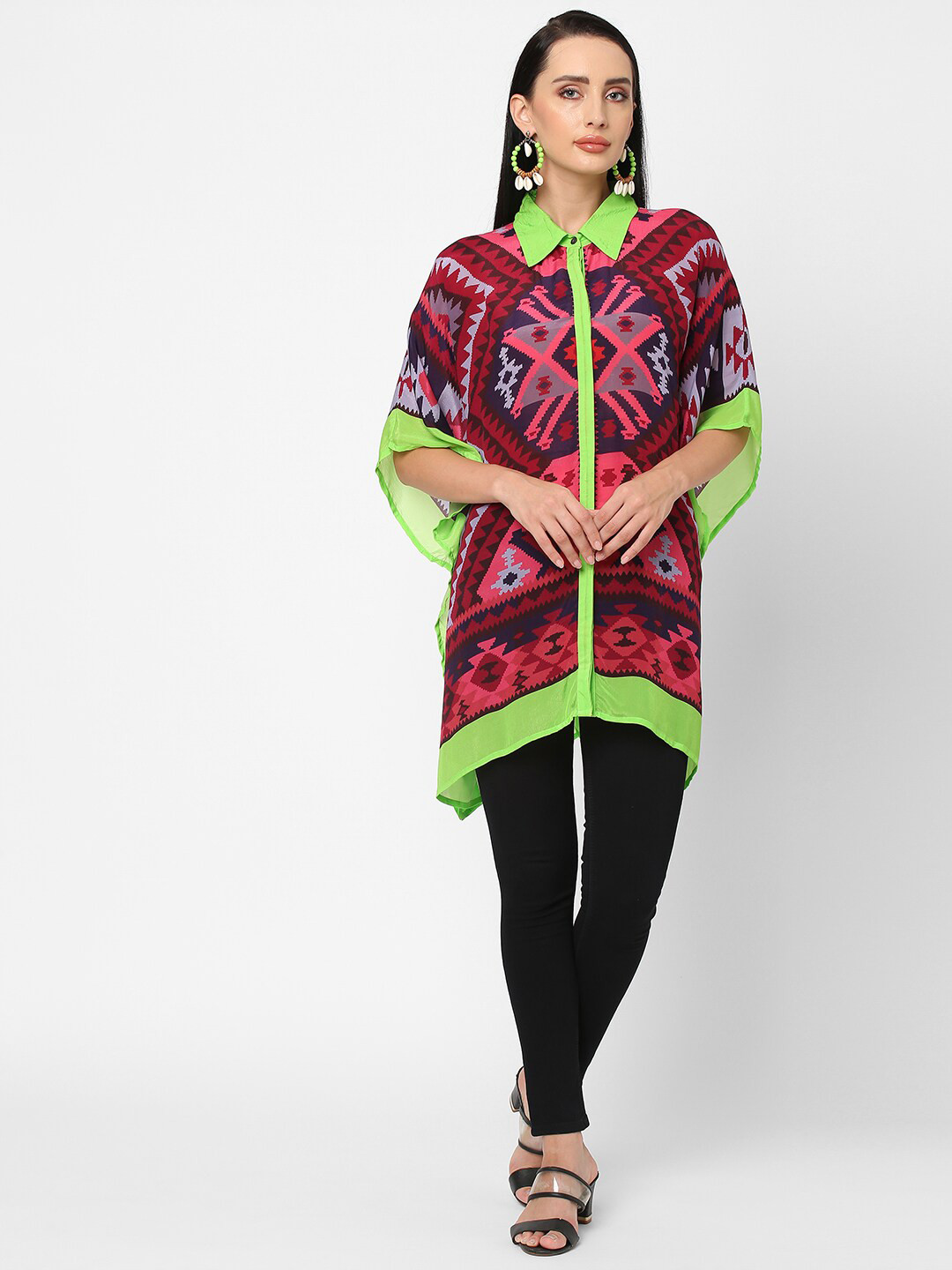 Cloth Haus India Pink & Green Mandarin Collar Printed Tunic