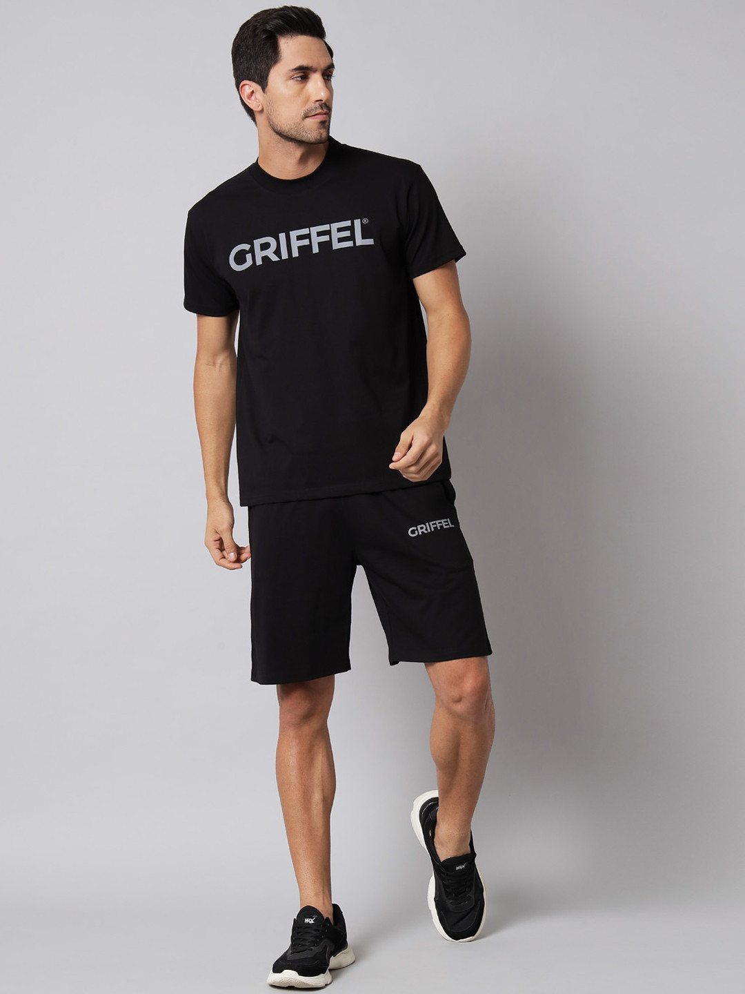 GRIFFEL Men Black Printed Pure Cotton T-shirt with Shorts