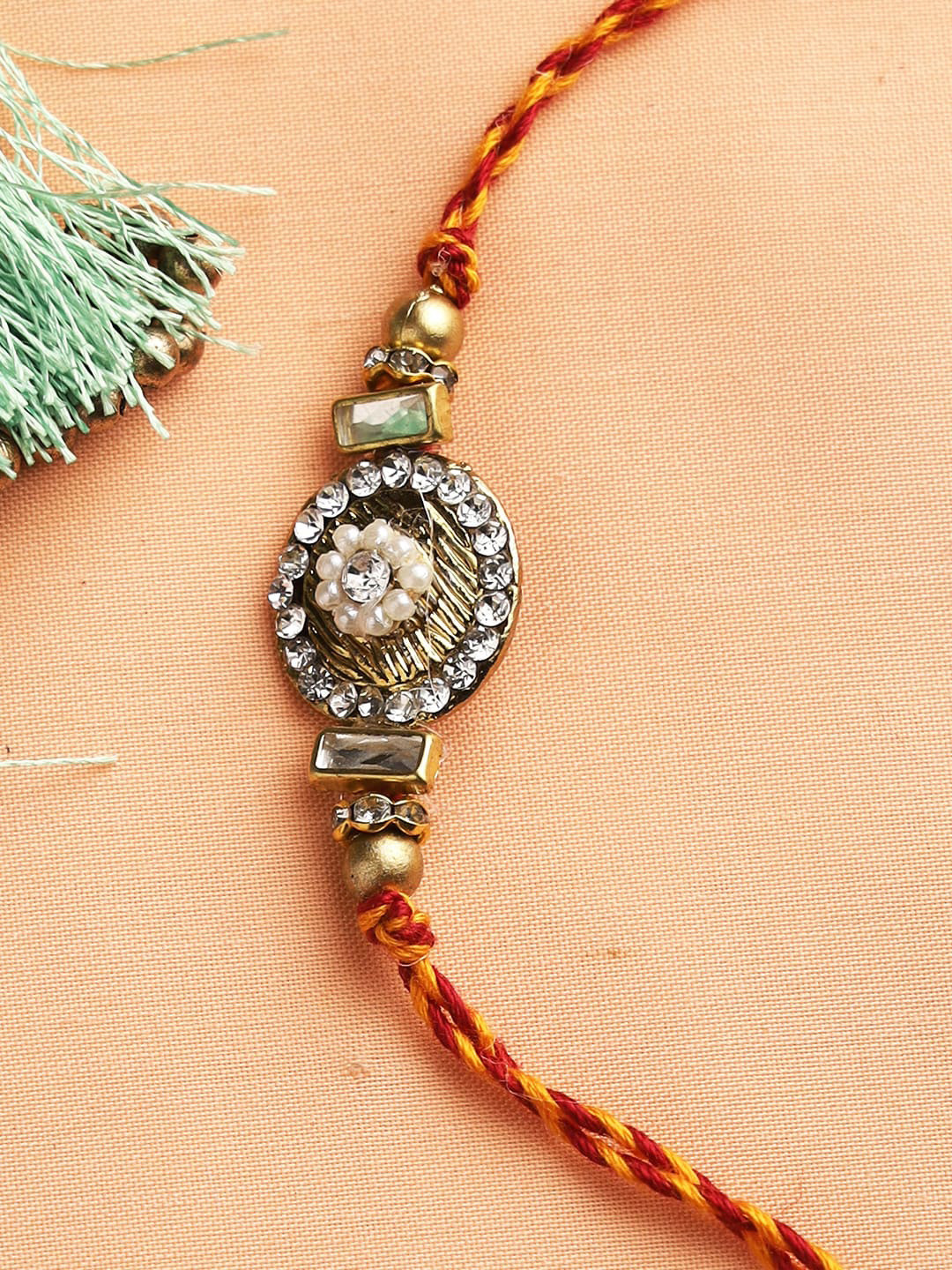 Aapno Rajasthan Golden & White Stone & Beads Handcrafted Rakhi