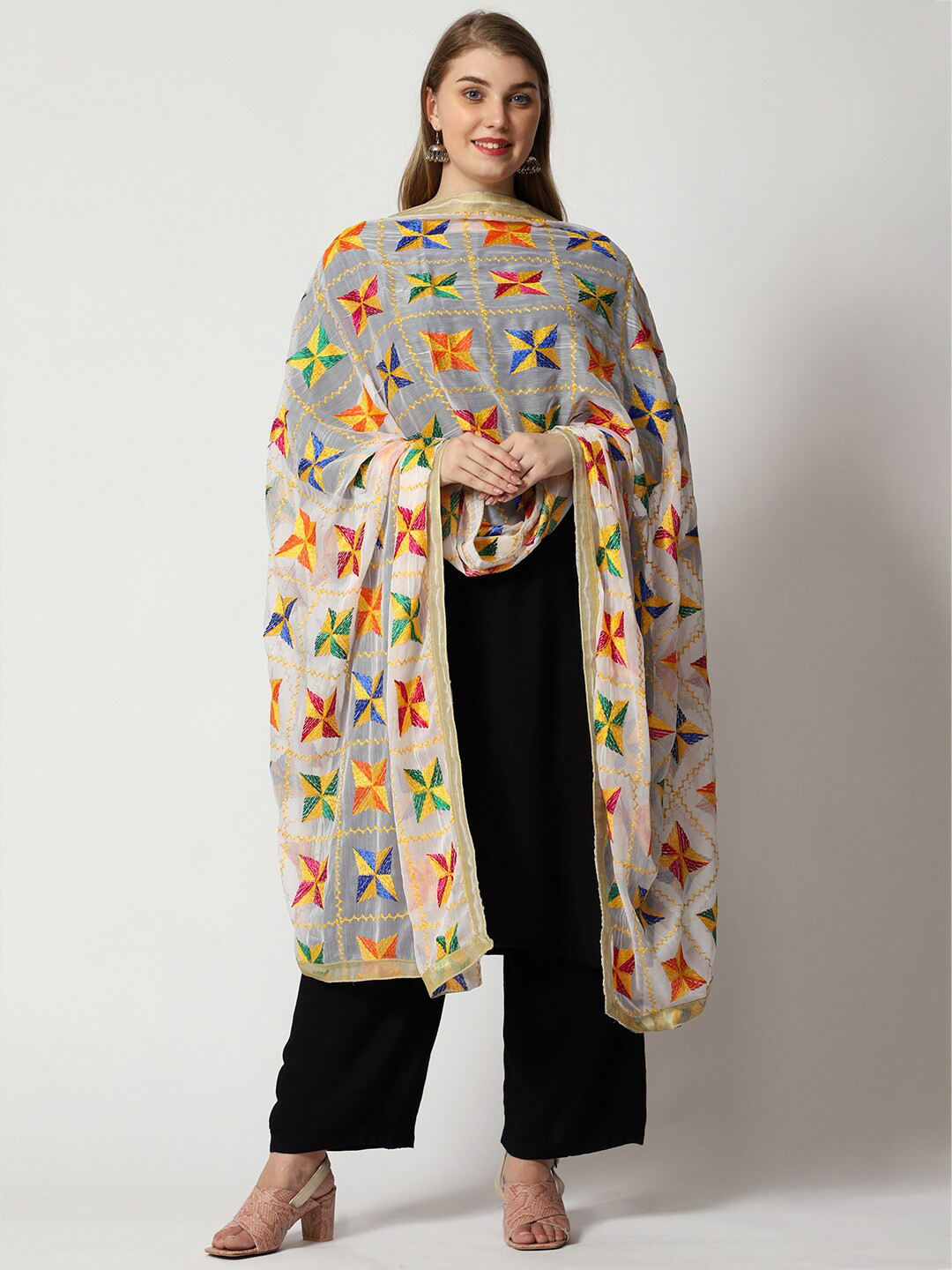 WEAVERS VILLA White & Blue Embroidered Dupatta with Thread Work