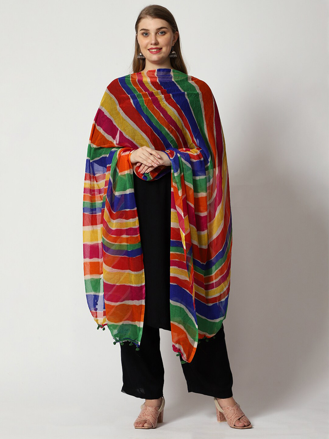 WEAVERS VILLA Blue & Red Striped Leheriya Dupatta