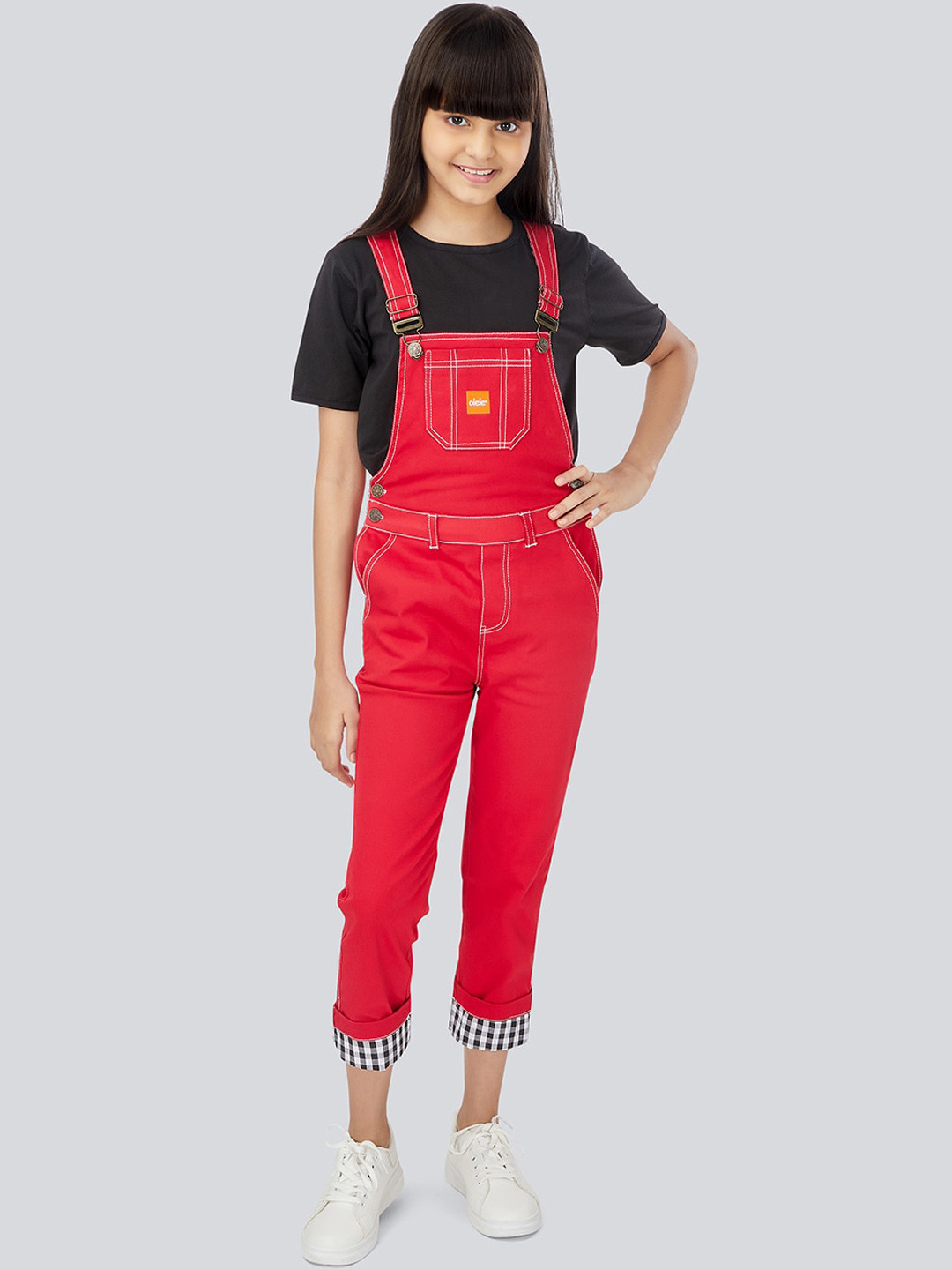 Olele Girls Red Solid Slim Fit Cotton Dungaree
