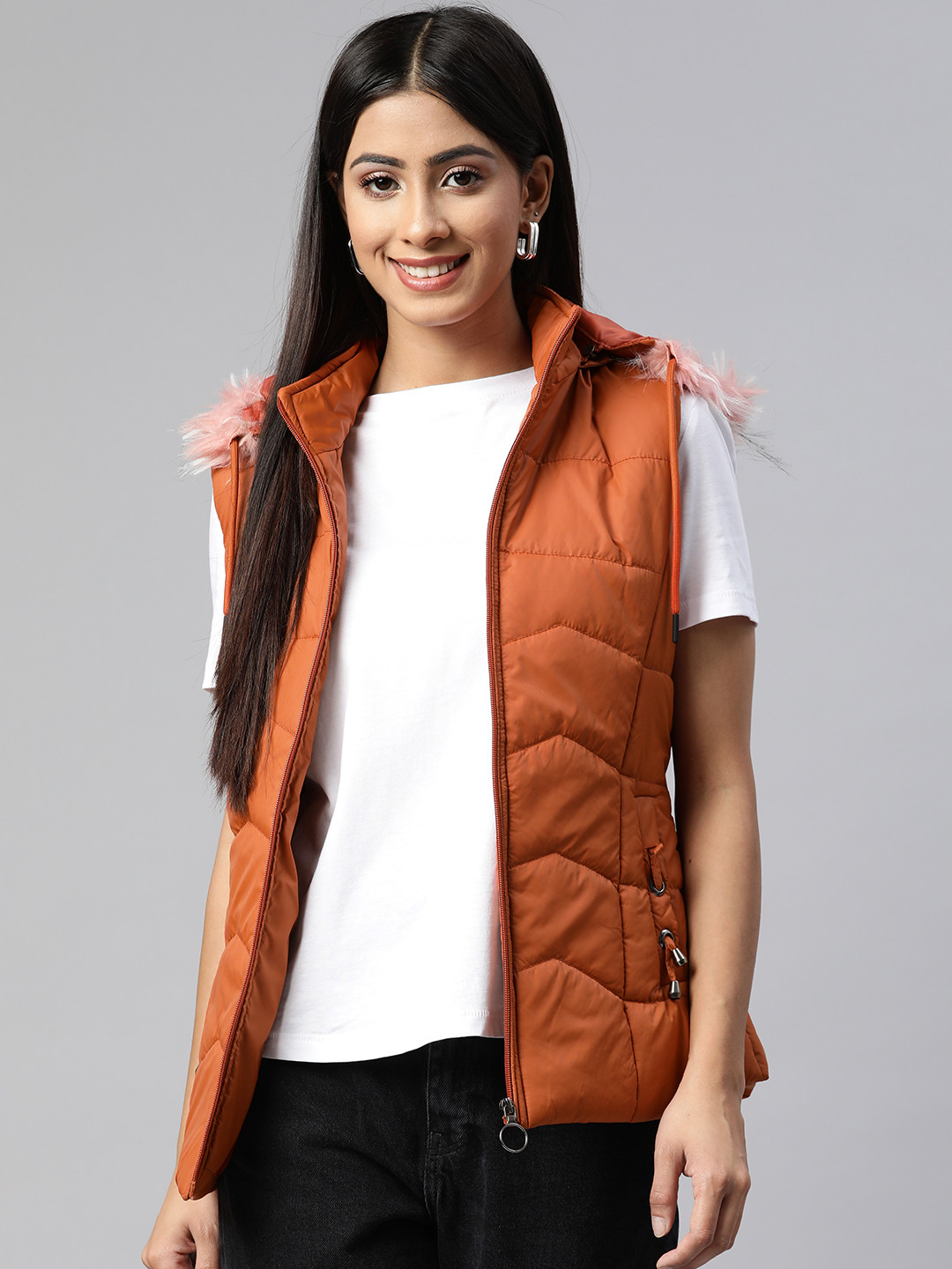 Foreign Culture By Fort Collins Women Rust Orange Padded Jacket with Detachable Hood