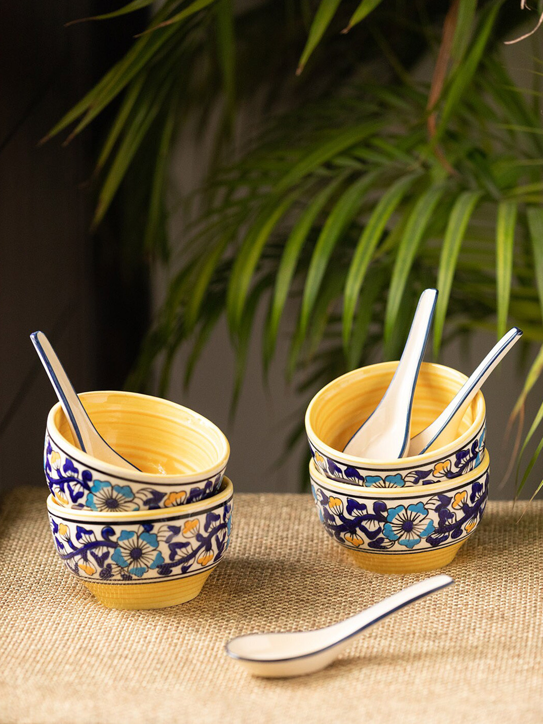 ExclusiveLane Badamwari Bagheecha Hand-Painted Navy Blue Floral Ceramic Microwave Safe 4 Piece Dinner Set