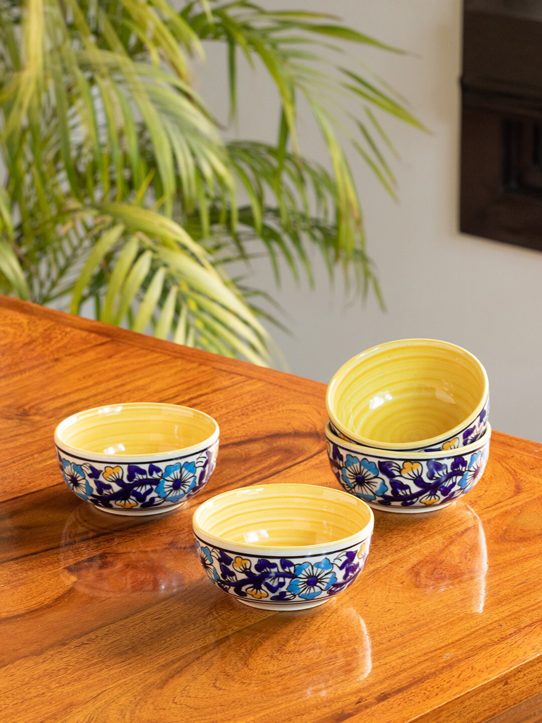 ExclusiveLane Navy Blue Yellow 4 Pieces Floral Printed Ceramic Glossy Bowls