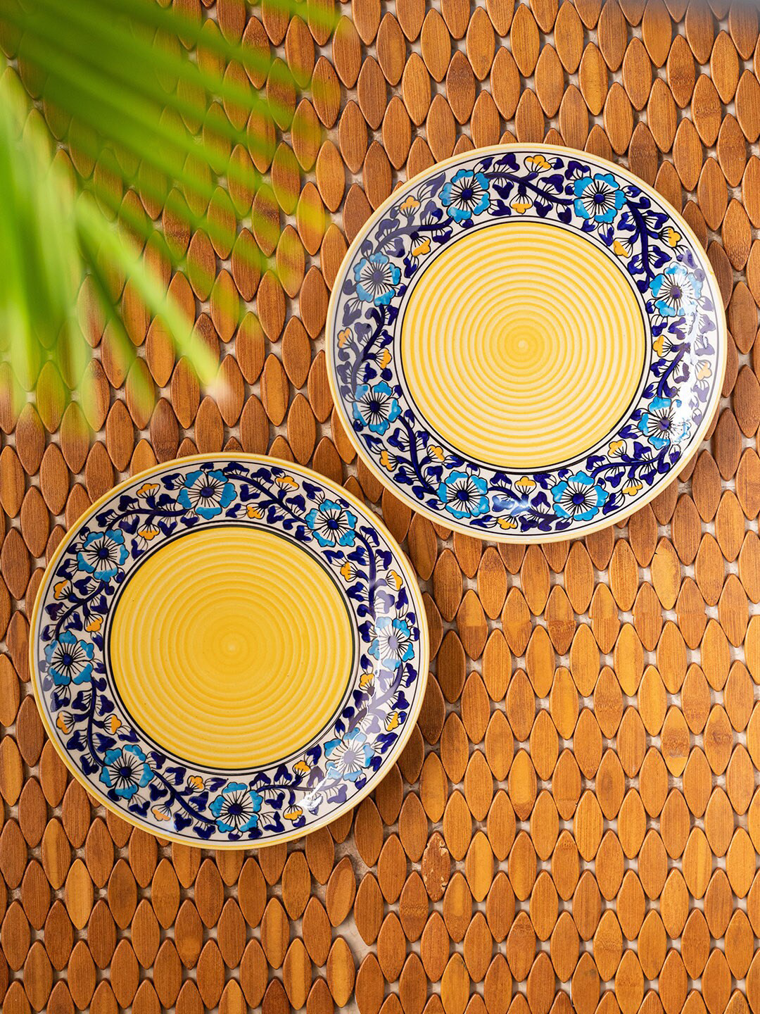 ExclusiveLane Yellow & Blue Set of 2 Handmade Microwave Safe Ceramic Dinner Plates