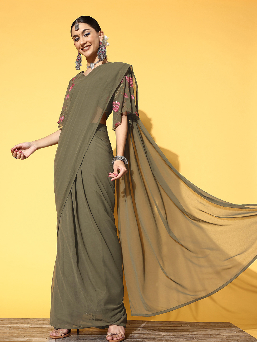Inddus Olive Green & Pink Floral Embroidered Ready to Wear Saree with Blouse