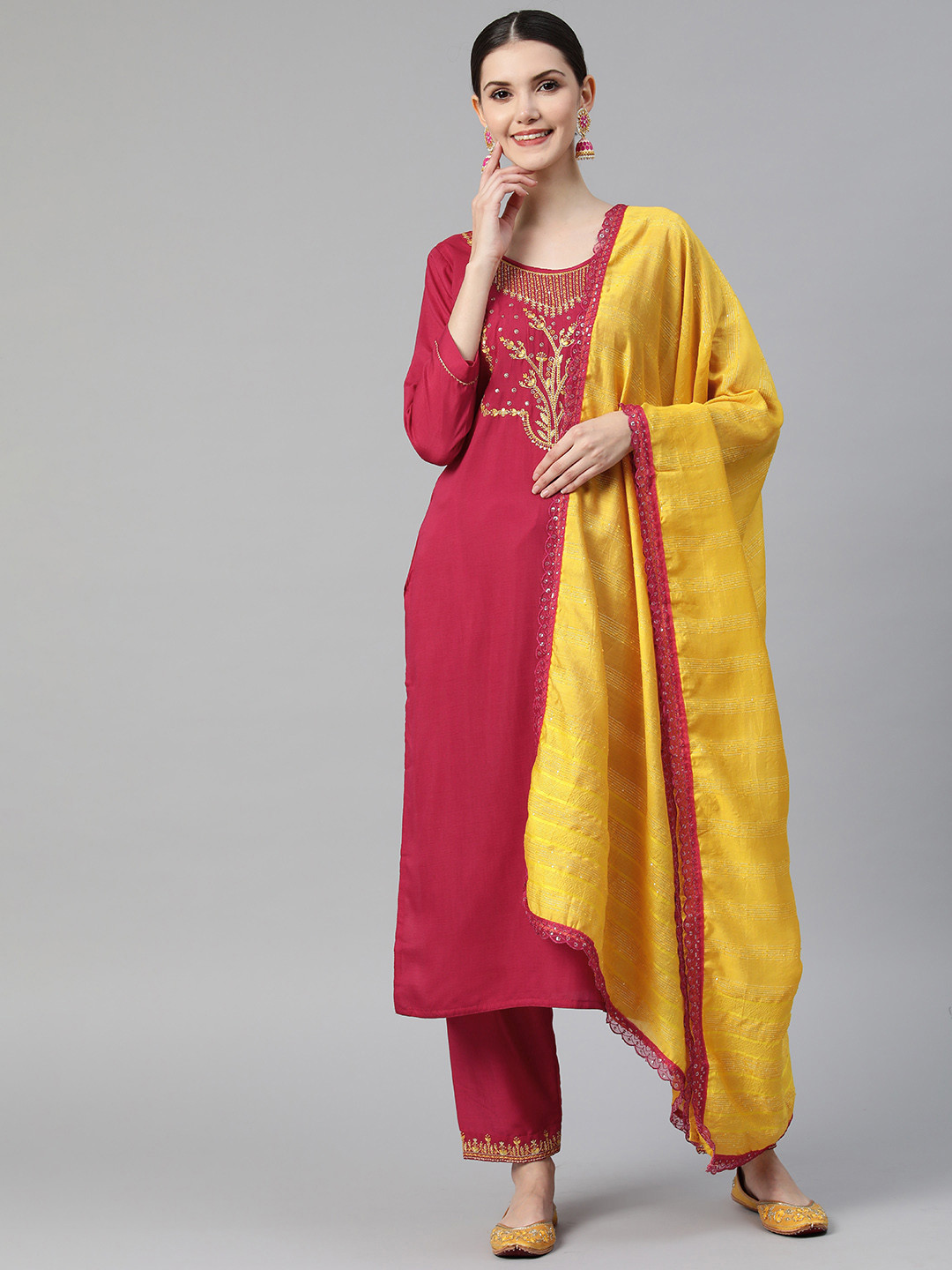 SheWill Women Pink Floral Embroidered Zardozi Kurta with Trousers & With Dupatta