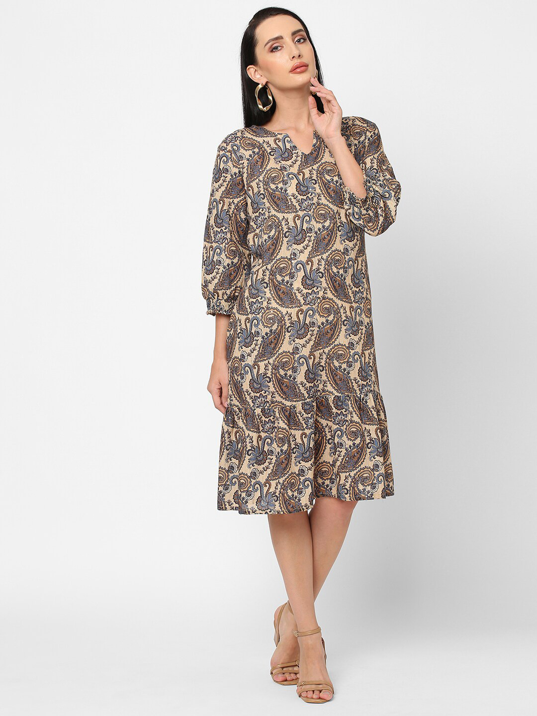 Cloth Haus India Beige Ethnic Motifs A-Line Dress