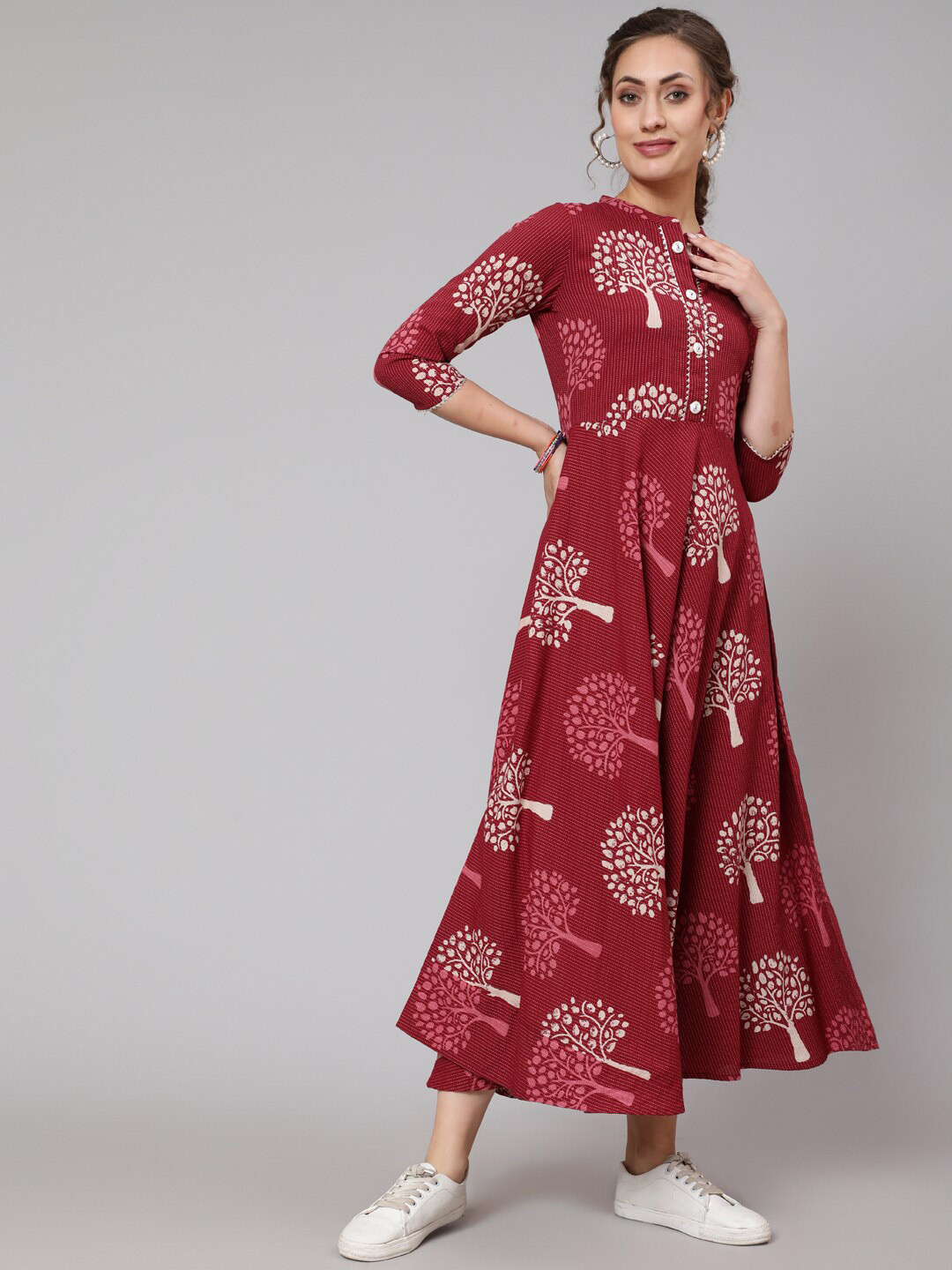 GLAM ROOTS Women Maroon & antique ruby Ethnic Motifs Printed Thread Work Floral Anarkali Kurta