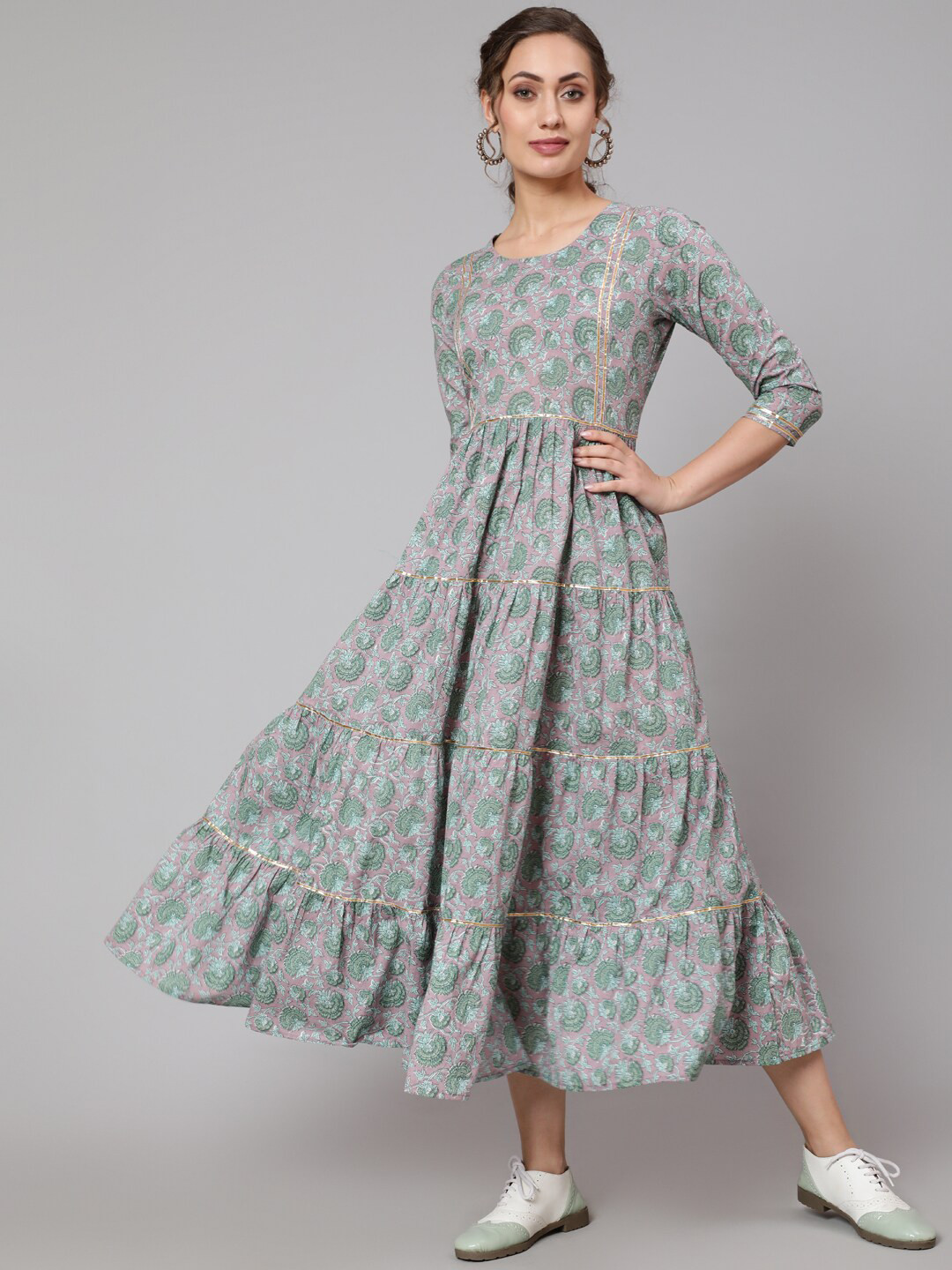 GLAM ROOTS Women Grey & silver Ethnic Motifs Printed Floral Anarkali Kurta