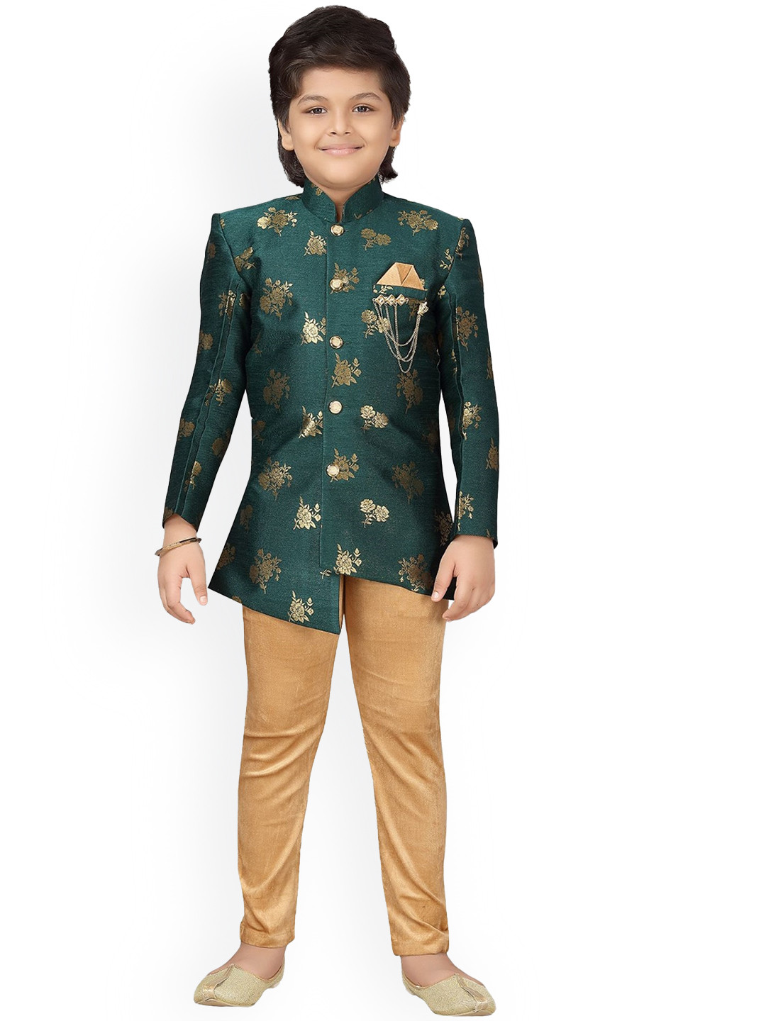 Aj DEZInES Boys Green & Beige Printed Brocade Sherwani Set