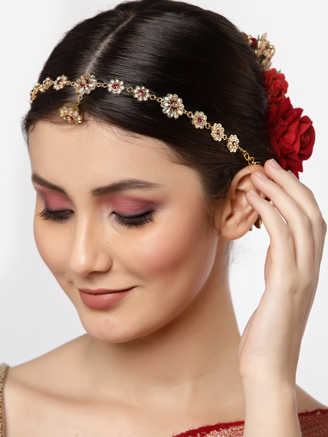 Sanjog Gold-Plated Pink & White Kundan-Studded Borla Matha Patti Sheeshphool