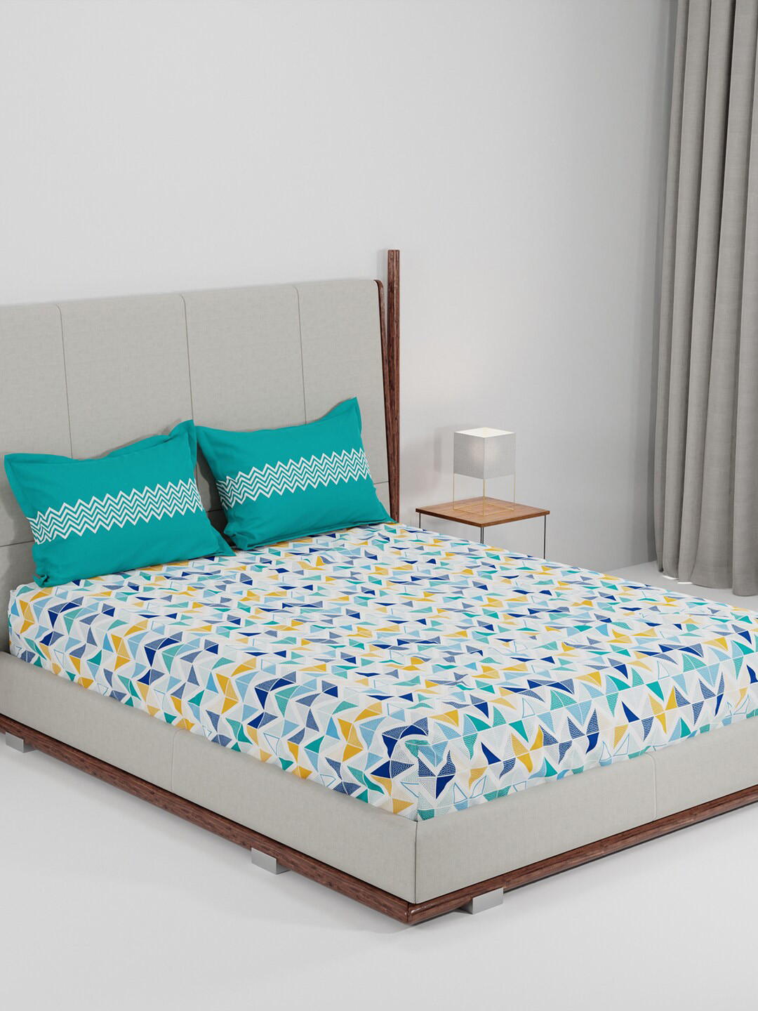 MYTRIDENT Feather Tales Lot 5 Blue Geometric Cotton Anti-Microbial 144 TC Queen Bedsheet with 2 Pillow Covers-228 x 254 cm
